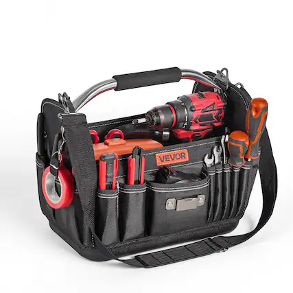 Front. VEVOR - Tool Bag, 13 Inch, 33-Pocket Open Top Tool Tote, Portable Electrical Maintenance Toolbox Organizer Storage - Black;Orange.