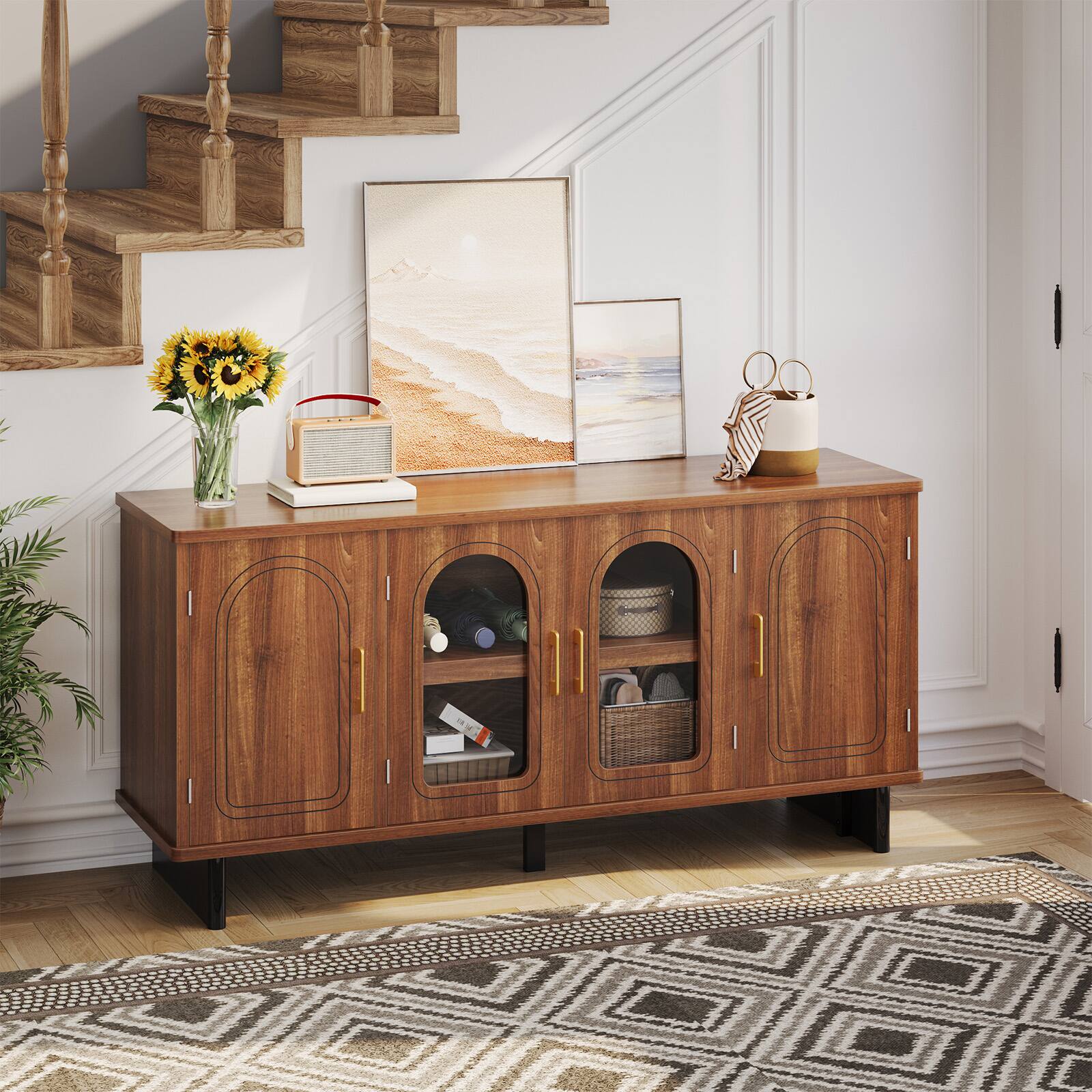 Alt View 3. Bestier - 59 Inch Mid-Century Modern TV Stand with Arched Fluted Glass Doors & Adjustable Shelving - Ancona Walnut.