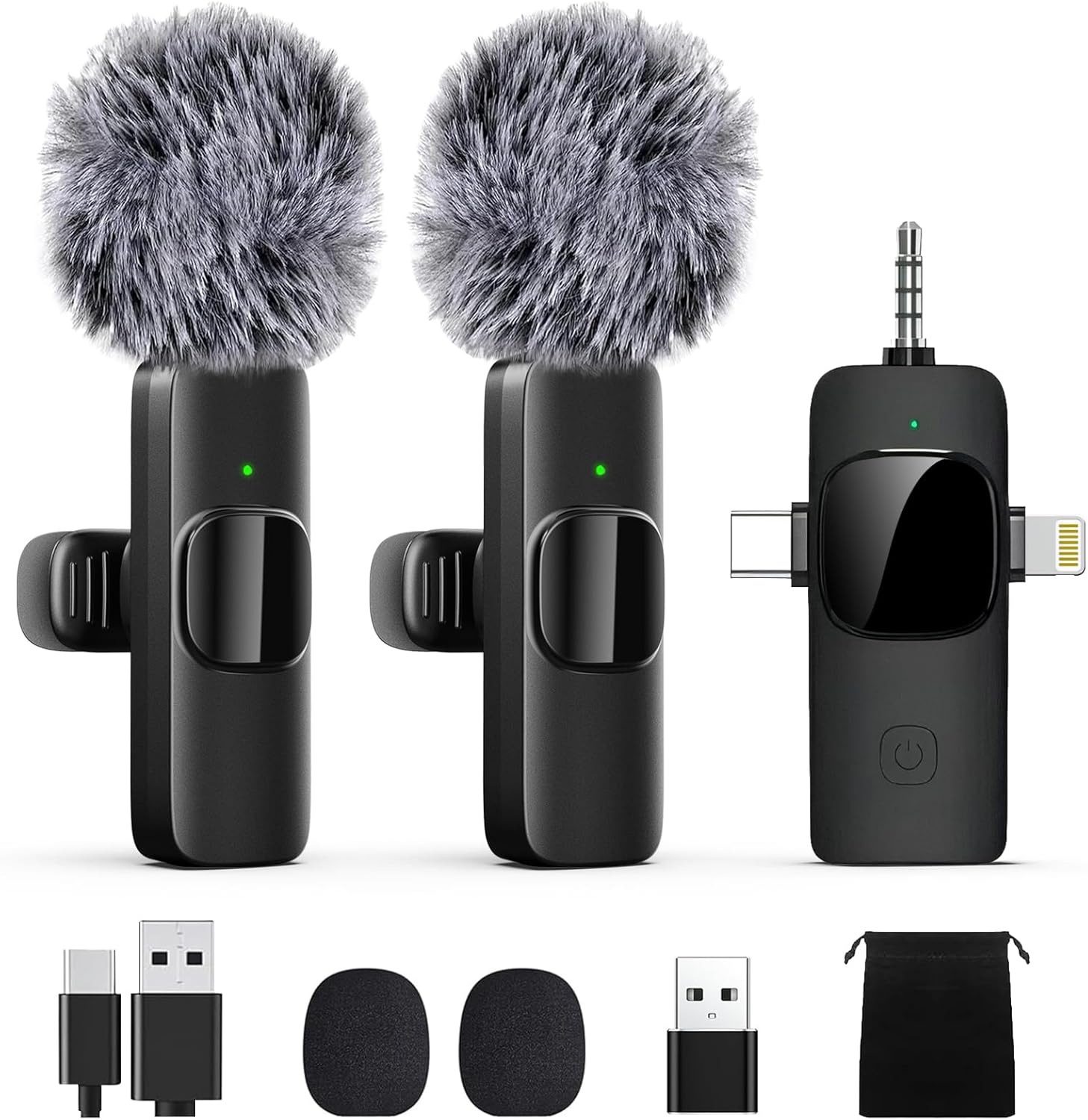 Front. Core Tech - Wireless Lavalier Microphone for iPhone, iPad & USB-C Devices – 3-in-1 Receiver, Clip-On Mic with Noise Reduction, Plug - Black.