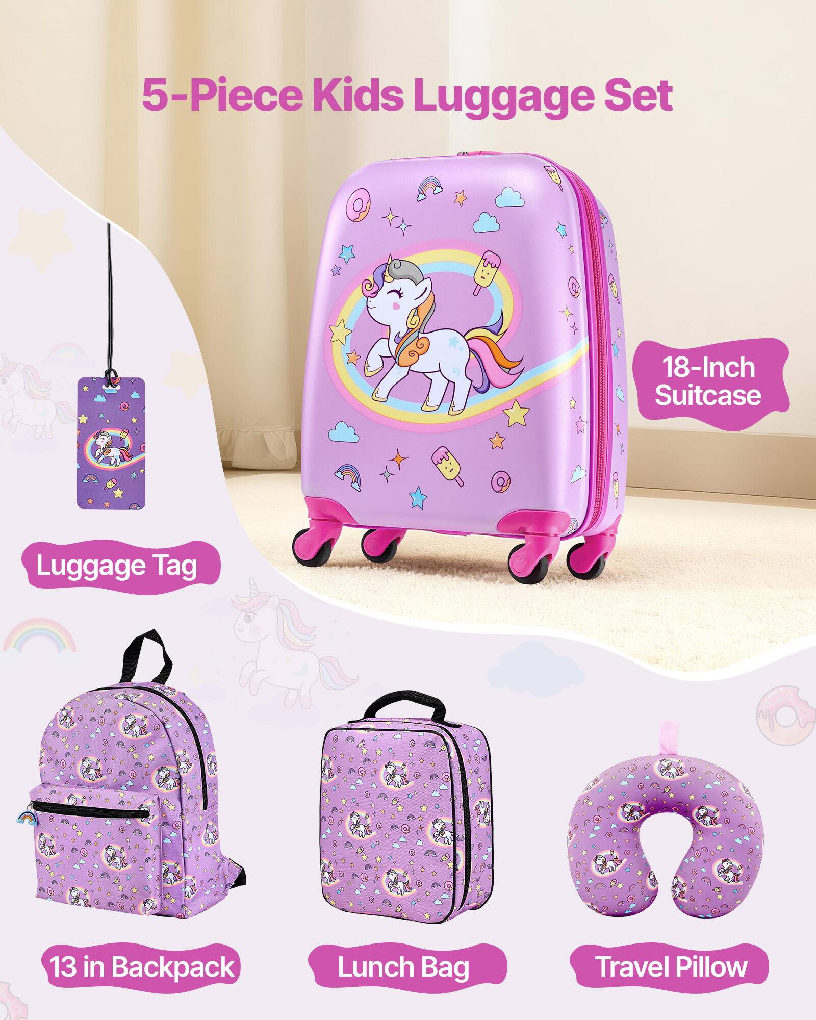 5-Piece Kids Luggage Set  
18-Inch Suitcase  
Luggage Tag  
13 in Backpack  
Lunch Bag  
Travel Pillow