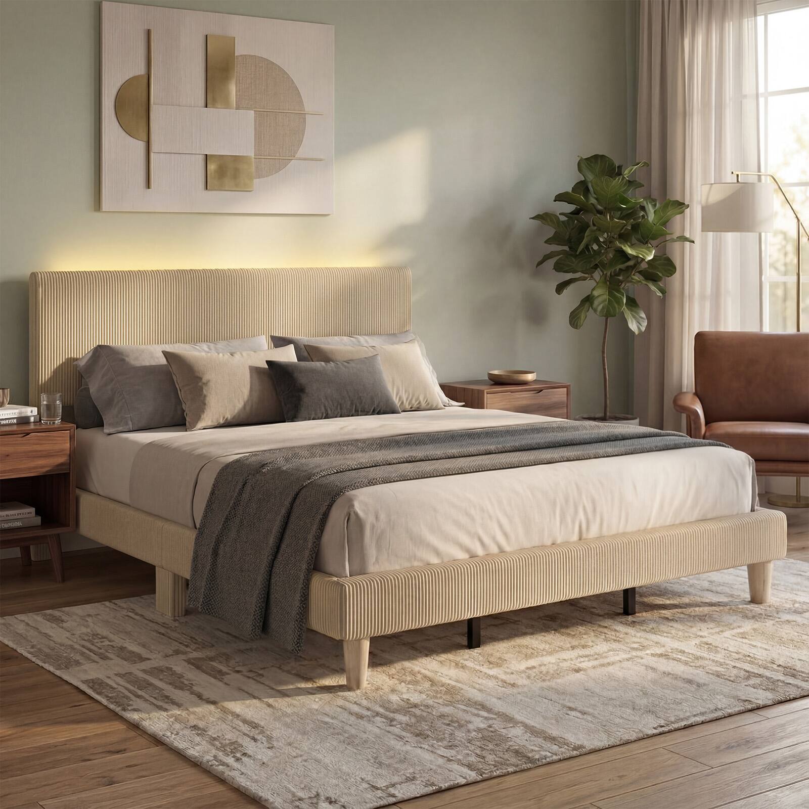 Left. Bestier - King Size Velvet Upholstered Platform Bed Frame with Storage Headboard LED Lights - Taupe.