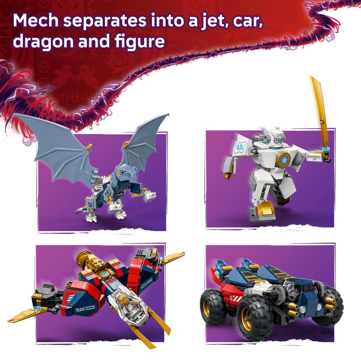 Mech separates into a jet, car, dragon, and figure.