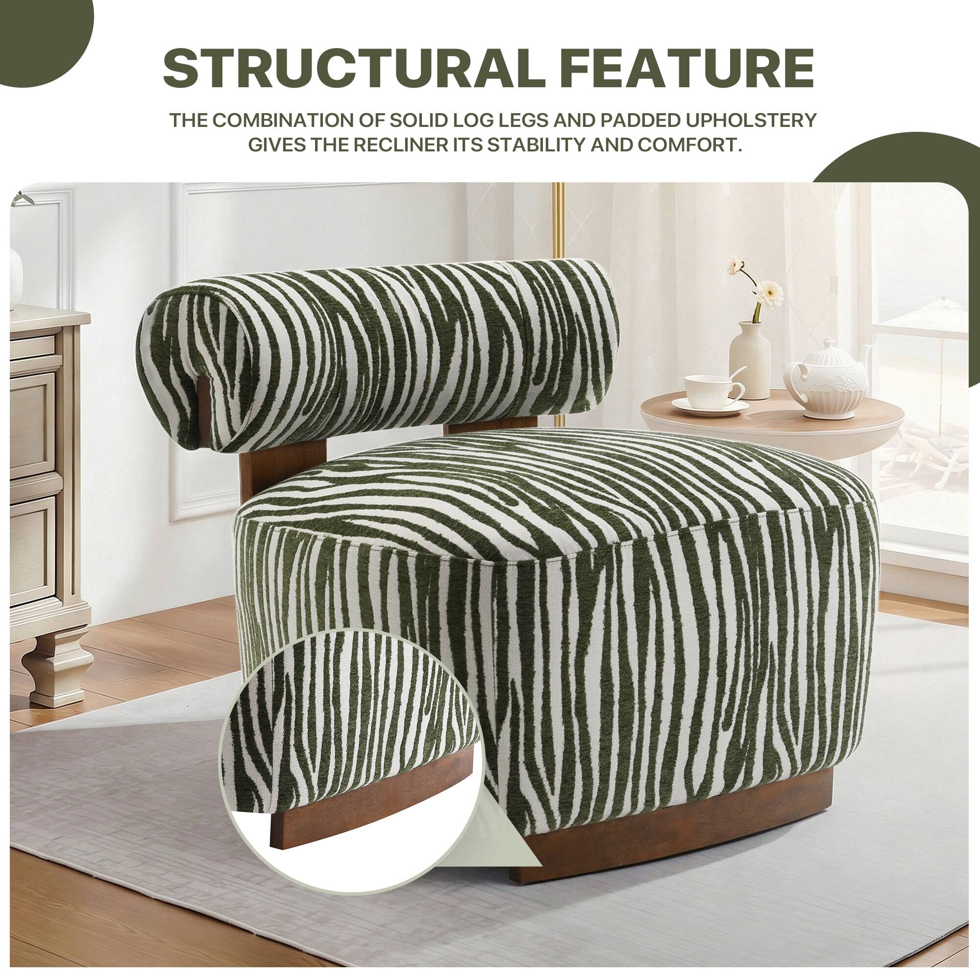 STRUCTURAL FEATURE

THE COMBINATION OF SOLID LOG LEGS AND PADDED UPHOLSTERY GIVES THE RECLINER ITS STABILITY AND COMFORT.