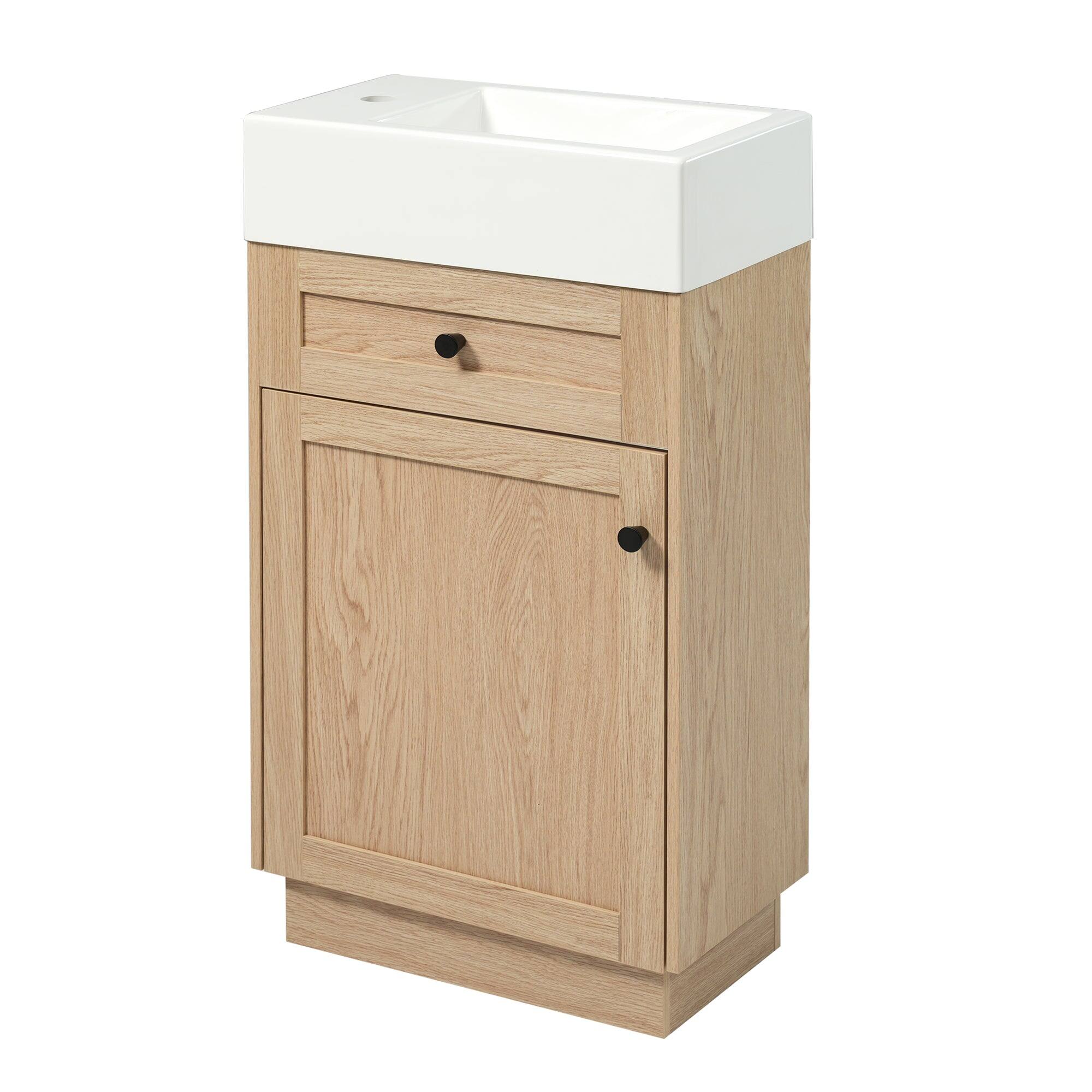 Left. Boyel Living - 18.5 Inch Bathroom Vanity with Resin Sink MDF Cabinet Adjustable Shelf Reversible Door Wood Grain Melamine Finish - Wood.