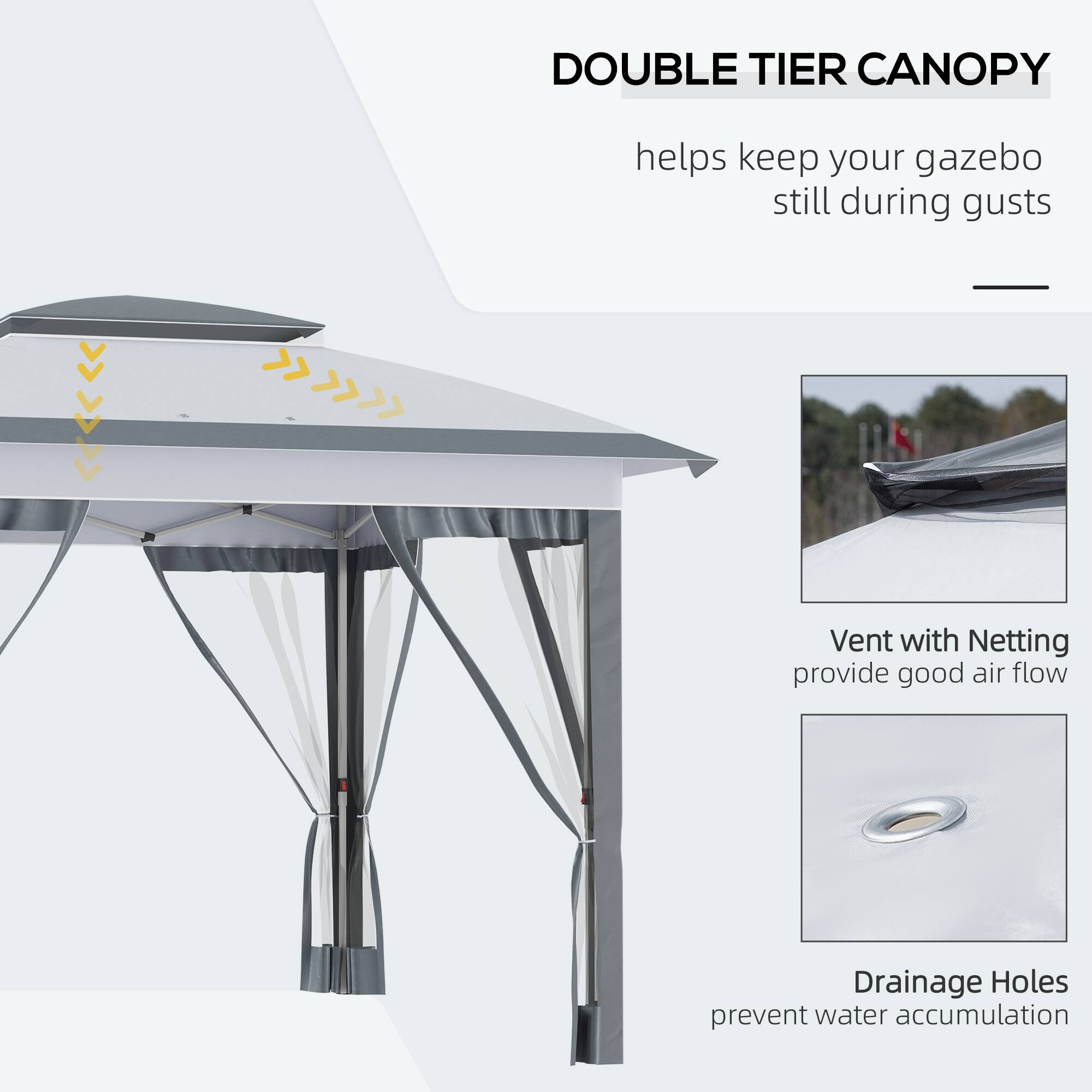 DOUBLE TIER CANOPY helps keep your gazebo still during gusts
Vent with Netting provide good air flow
Drainage Holes prevent water accumulation