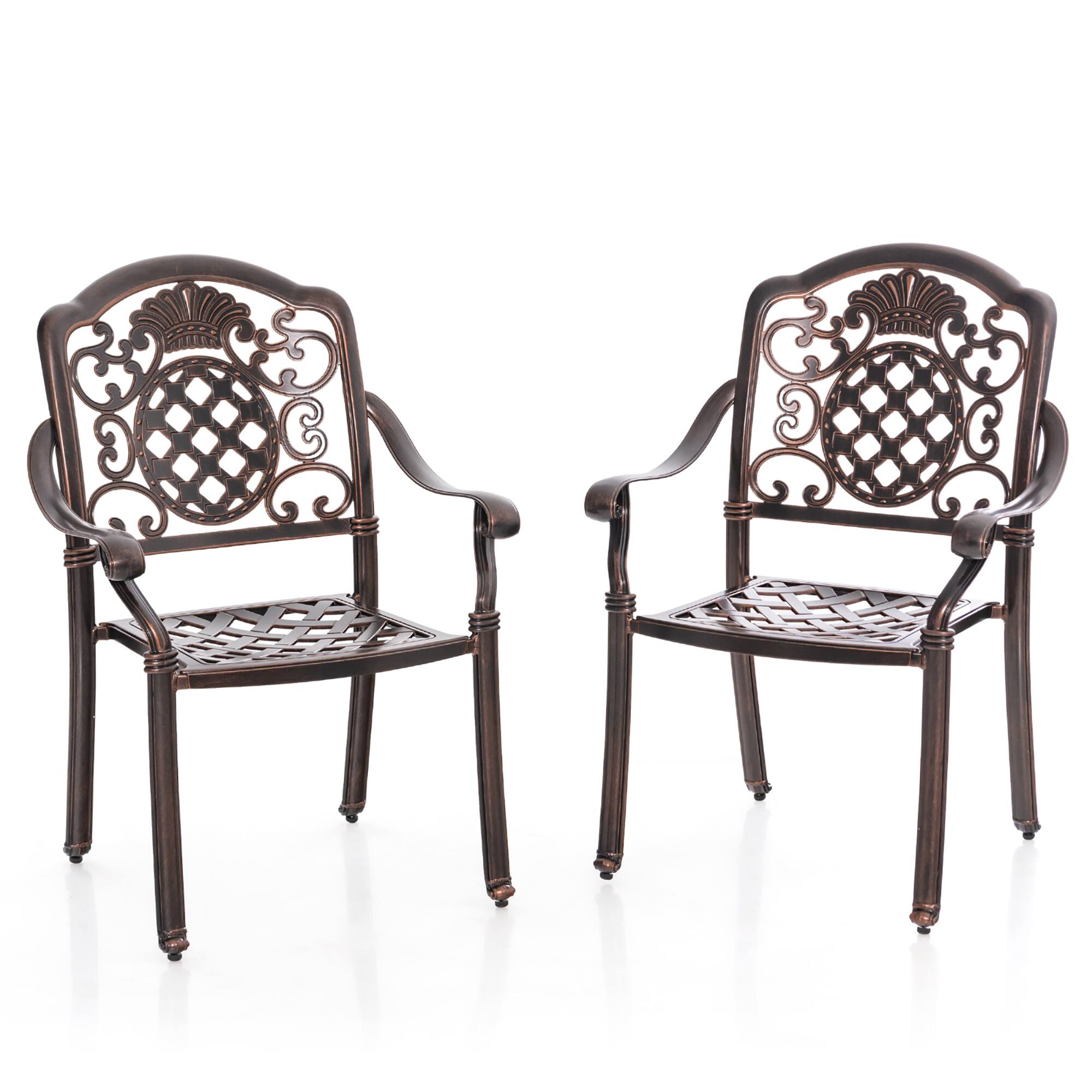 Gymax - 2PCS Cast Aluminum Chairs Outdoor Metal Armchairs w/ Ergonomic Curved Seat Patio - Red Copper