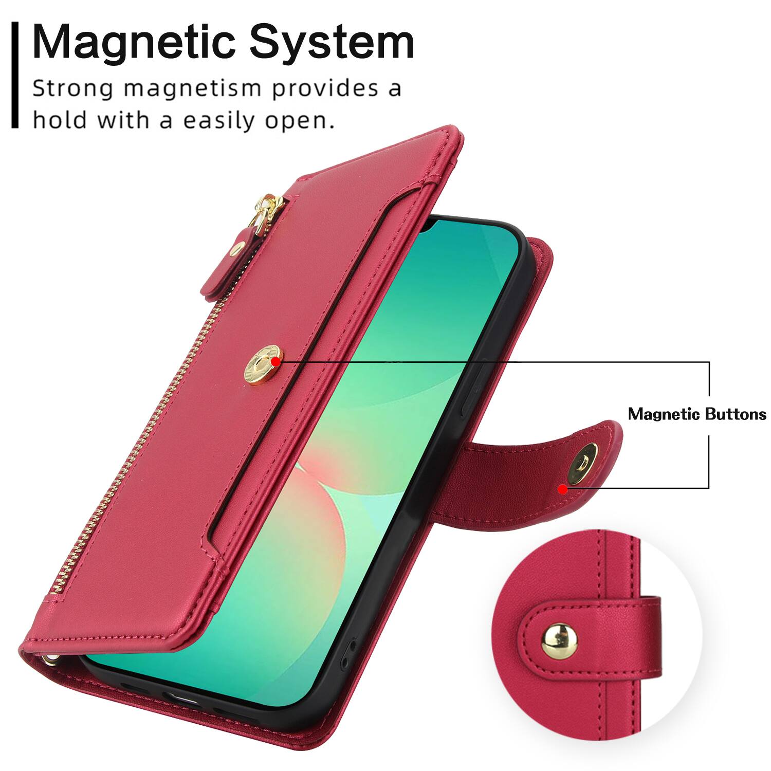 Magnetic System  
Strong magnetism provides a hold with a easily open.  
Magnetic Buttons