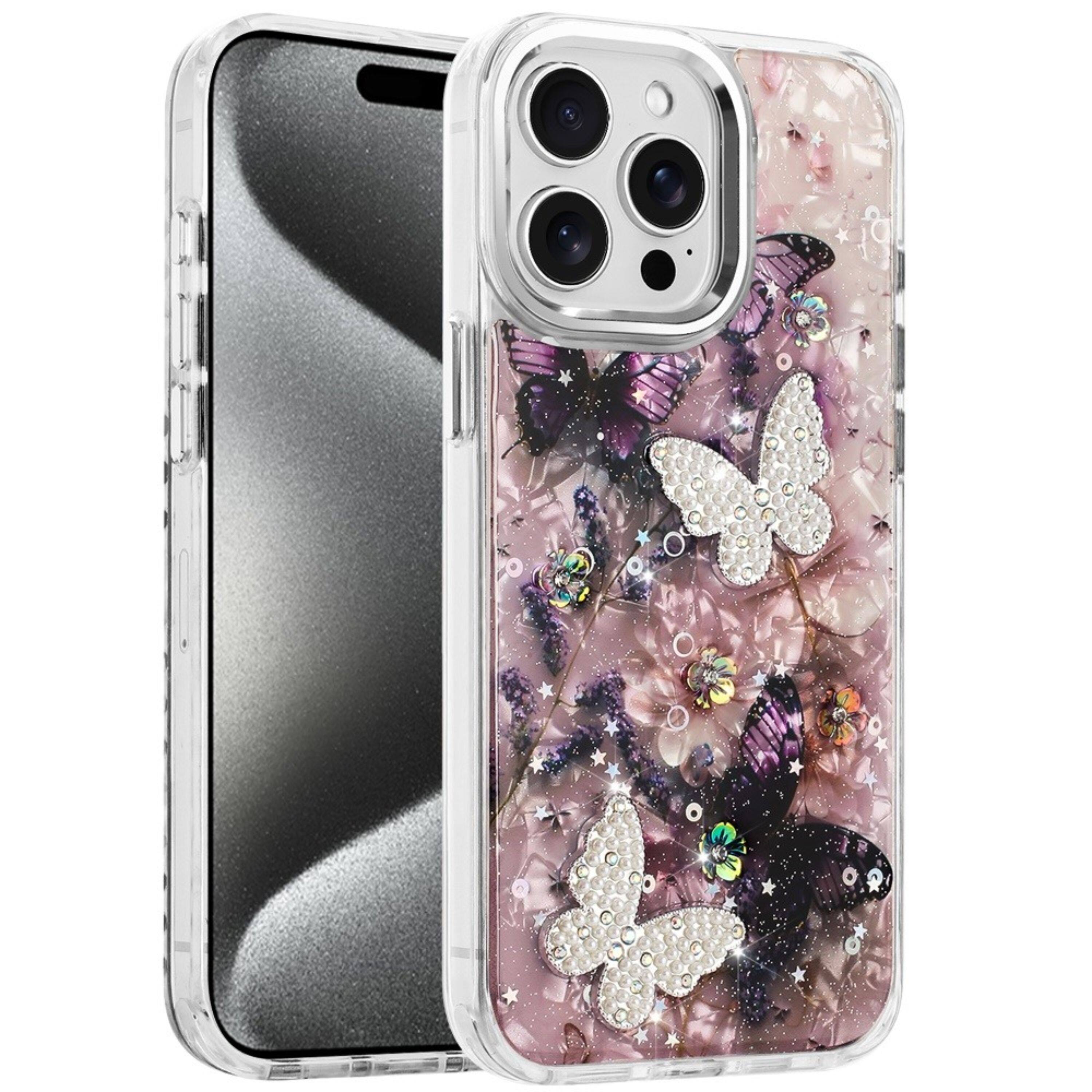 Angle. Kitcheniva - Epoxy 3D Beaded Butterfly Glitter Case With Tempered Glass For iPhone 15 Pro Max 5 - Multicolor.