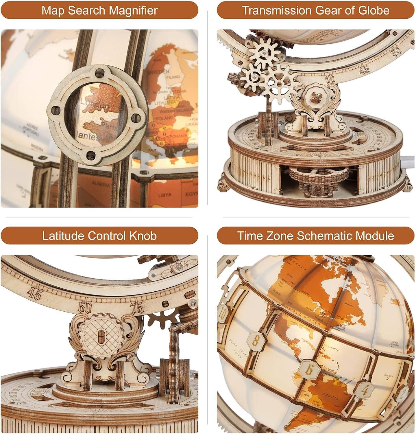 Map Search Magnifier  
Transmission Gear of Globe  
Latitude Control Knob  
Time Zone Schematic Module  

SWEDEN  
FINLAND  
LONDON  
PARIS  
STOMA  
LATVIA  
LITHUANIA  
POLAND  
UKRAINE  
ROMANIA  
ALGERIA  
LIBYA  
EGYPT  

Latitude Control Knob  
Time Zone Schematic Module  

8  
6  
4  

UNITED STATES  
BRAZIL