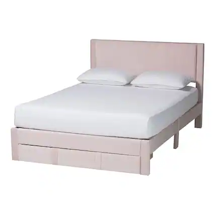 Front. Baxton Studio - Elora Modern Pleated Velvet Queen Size Storage Bed - Light Pink.