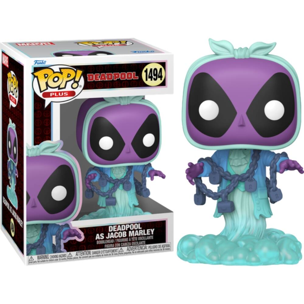 Funko POP!  
DEADPOOL 1494  
PLUS  

DEADPOOL  
AS JACOB MARLEY  

BOBBLEHEAD / FIGURINE À TÊTE OSCILLANTE / FIGURA CON CABEZA OSCILANTE  

ADVERTENCIA: PELIGRO DE ASPÍRA  
ATTENTION: DANGER DE TOUFFEMENT  
WARNING: CHOKING HAZARD - Small parts. Not for children under 3 years.  

Seal an