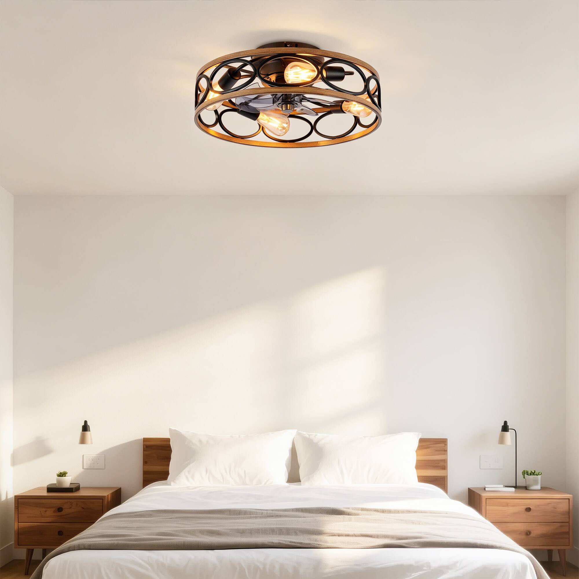 Alt View 1. Loheer - Loheer 19 Inch Flush Mount Ceiling Fan with Light Kit Matte Black Caged Ceiling Fan Reversible DC Motor Remote Control.