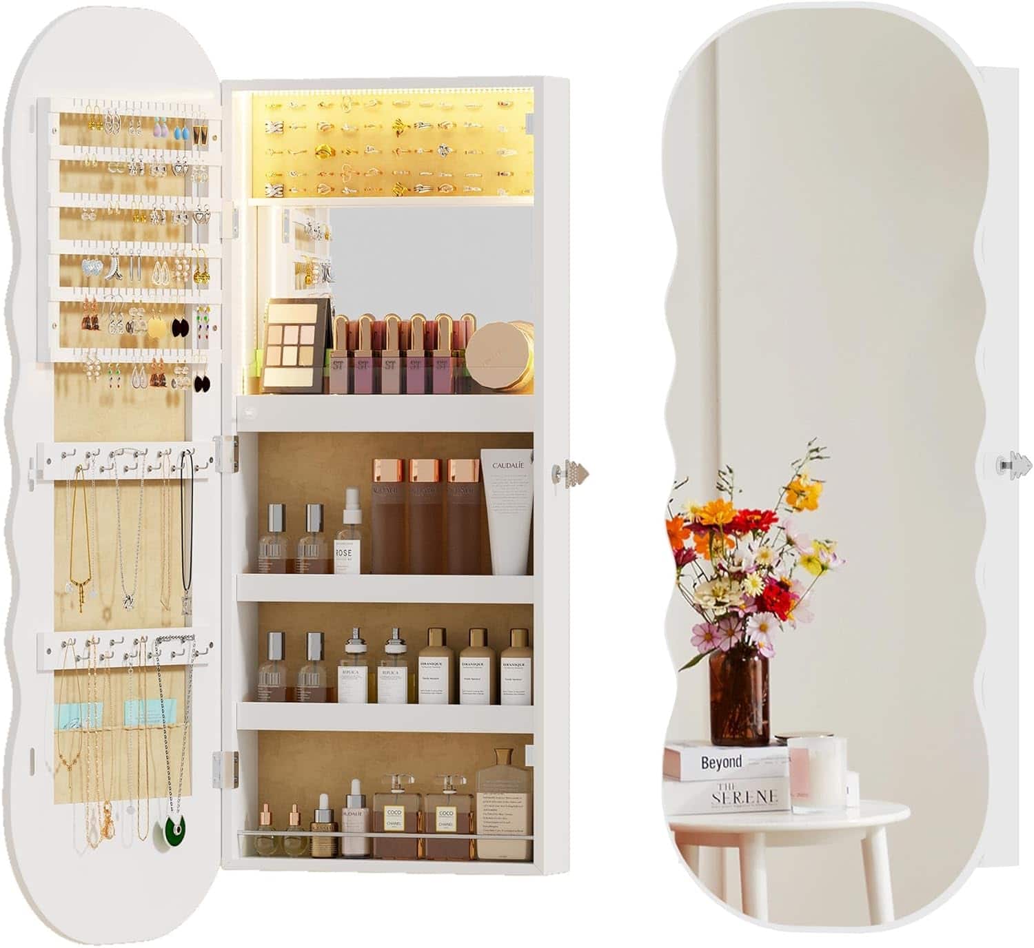 Stamp n Camp - Lvifur Jewelry Armoires with LED Lights, Hanging Jewelry Storage Cabinet Lockable Wavy Mirror Jewelry Organizer - White