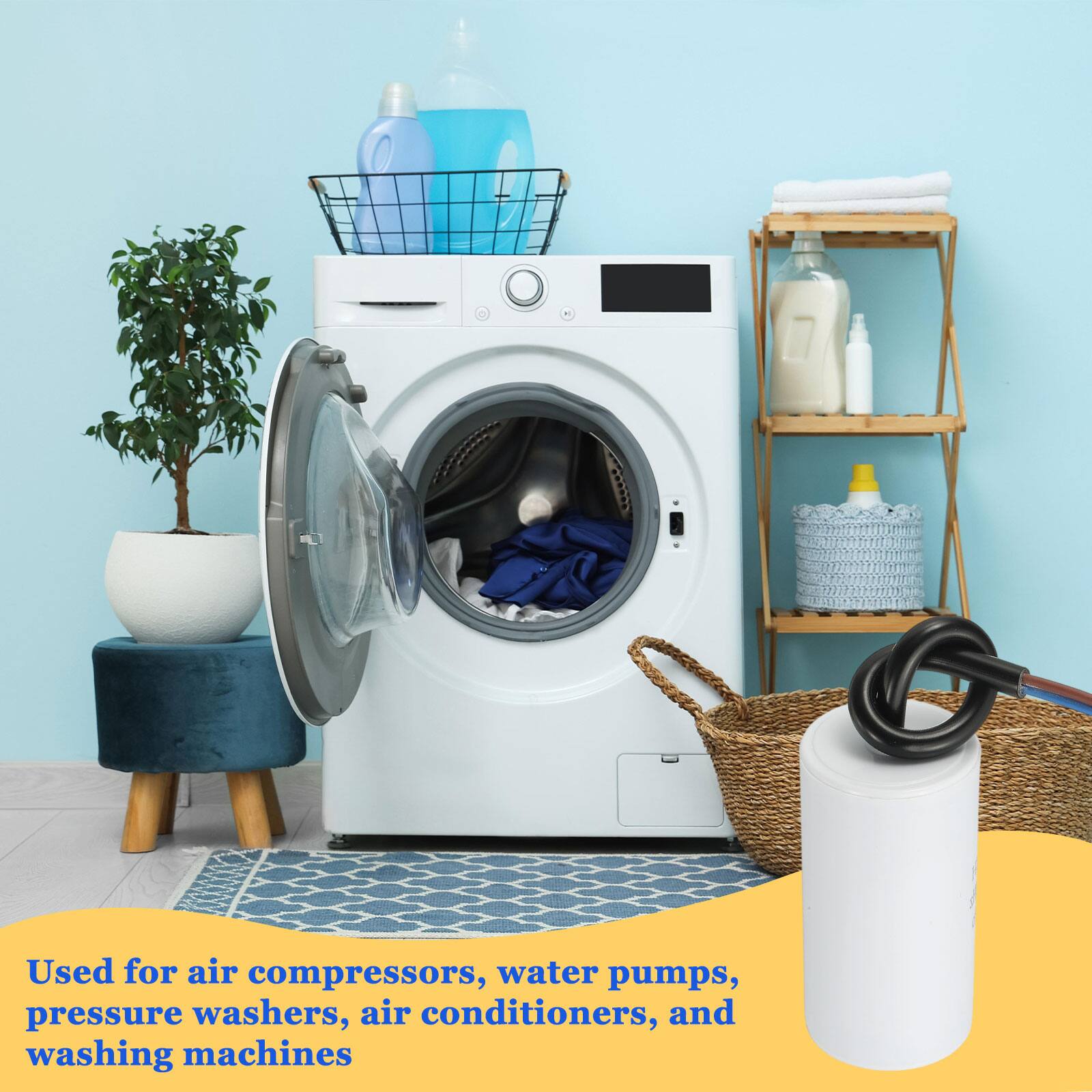 Used for air compressors, water pumps, pressure washers, air conditioners, and washing machines