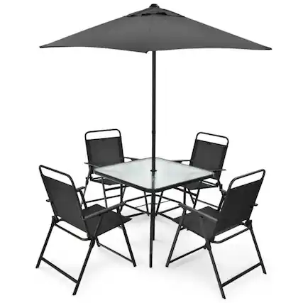 Front. Mondawe - 6 Pieces Patio Dining Set with Umbrella - Grey.