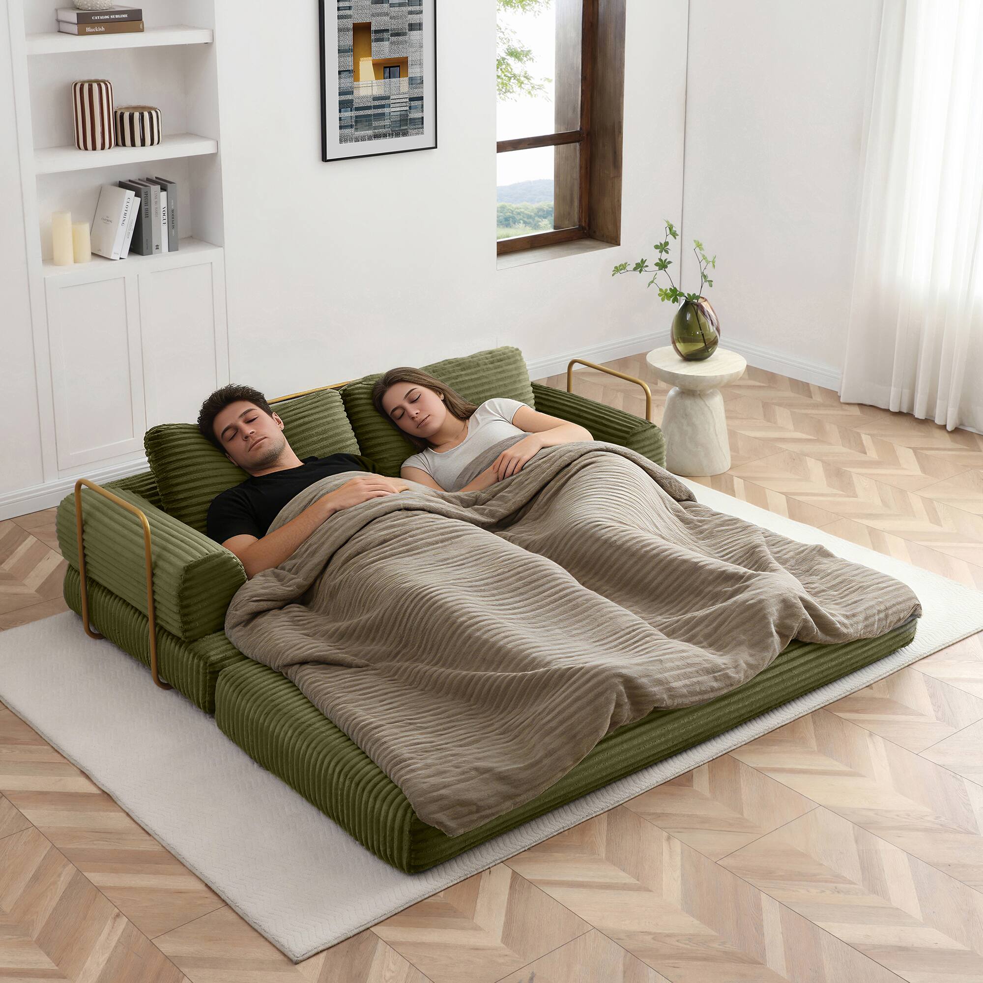 Alt View 2. Roomtec - Convertible Sofa Bed Folding Floor Couch Corduroy Fold Out Couch Bed Futon Sleeper Mattress with Pillows Boneless Sofa - Green.