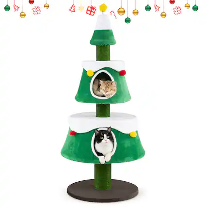 Front. Costway - Costway 61.5" Cat Christmas Tree with 2 Large Condos, Natural Jute Scratching Posts - Green + White + Brown.