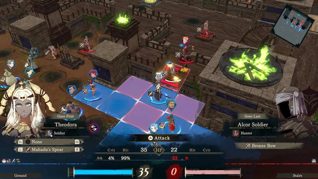 Z Goes First  
Goes Last  
ZL L  
Theodora Soldier None ZR Mahadu's Spear R  

Crit  
Hit  
A Attack 35 HP 22  
Hit  
Crit  
Alcor Soldier Hunter Bronze Bow  
Atk  
4%  
99%  
-22  
x  
Ground  
35  
0  
Stairs