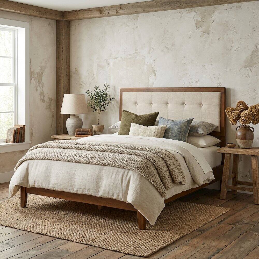 Angle. FurniFact - Tufted Fabric King Headboard with Wooden Frame and Elegant Design - Brown.