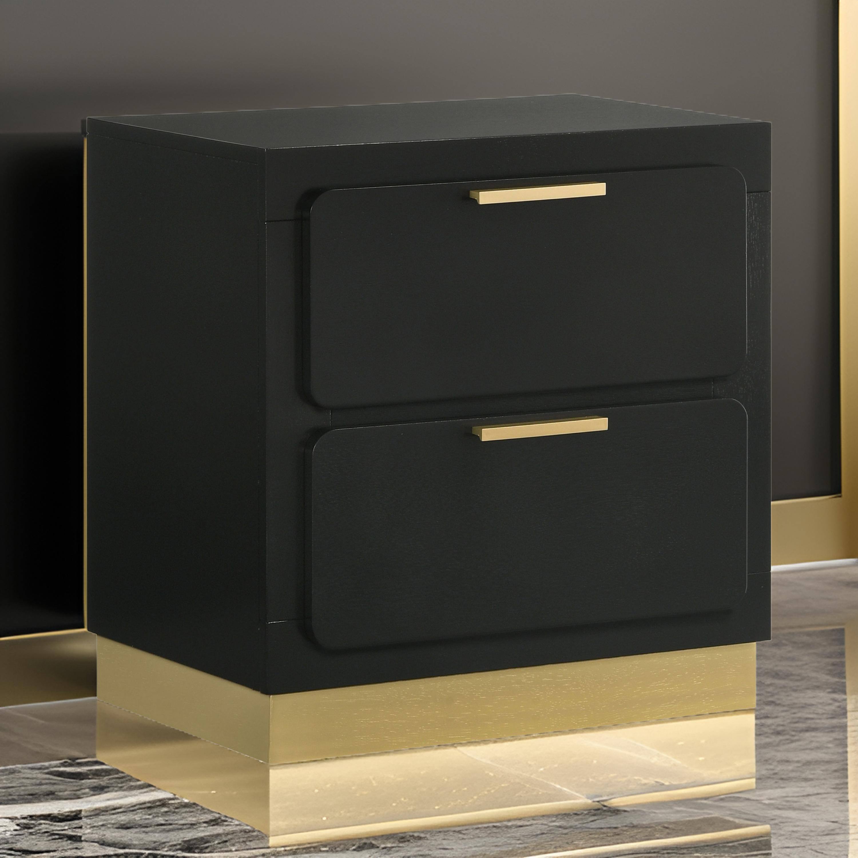 Alt View 2. Manhattan Lane - Caer Nightstand, 2 Drawers,  Accent Recessed Base, Bar Handles, - Black, Gold.