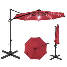 Costway - 10 FT Cantilever Patio Umbrella with Solar LED Lights, 360° Rotation, Easy Tilt - Red