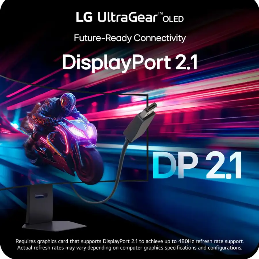 TM LG UltraGear OLED Future-Ready Connectivity DisplayPort 2.1 DP 2.1 Requires graphics card that supports DisplayPort 2.1 to achieve up to 480Hz refresh rate support. Actual refresh rates may vary depending on computer graphics specifications and configurations.