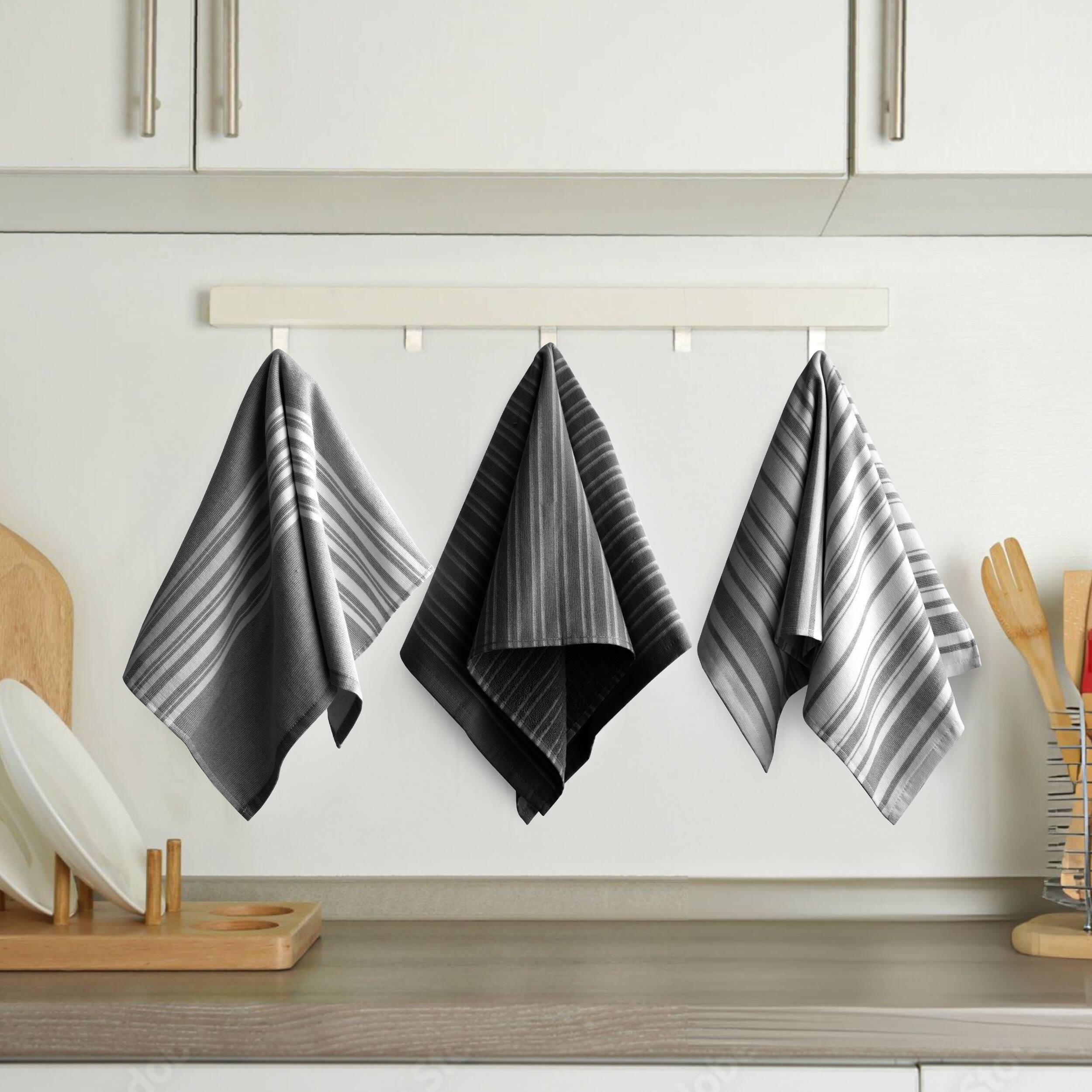 Alt View 3. Lux Decor Collection - 6-Piece 100% Cotton Kitchen Towel Set 16x26, Highly Absorbent Terry Dish Towels, Soft & Durable, Striped & Waffle Design - Black.
