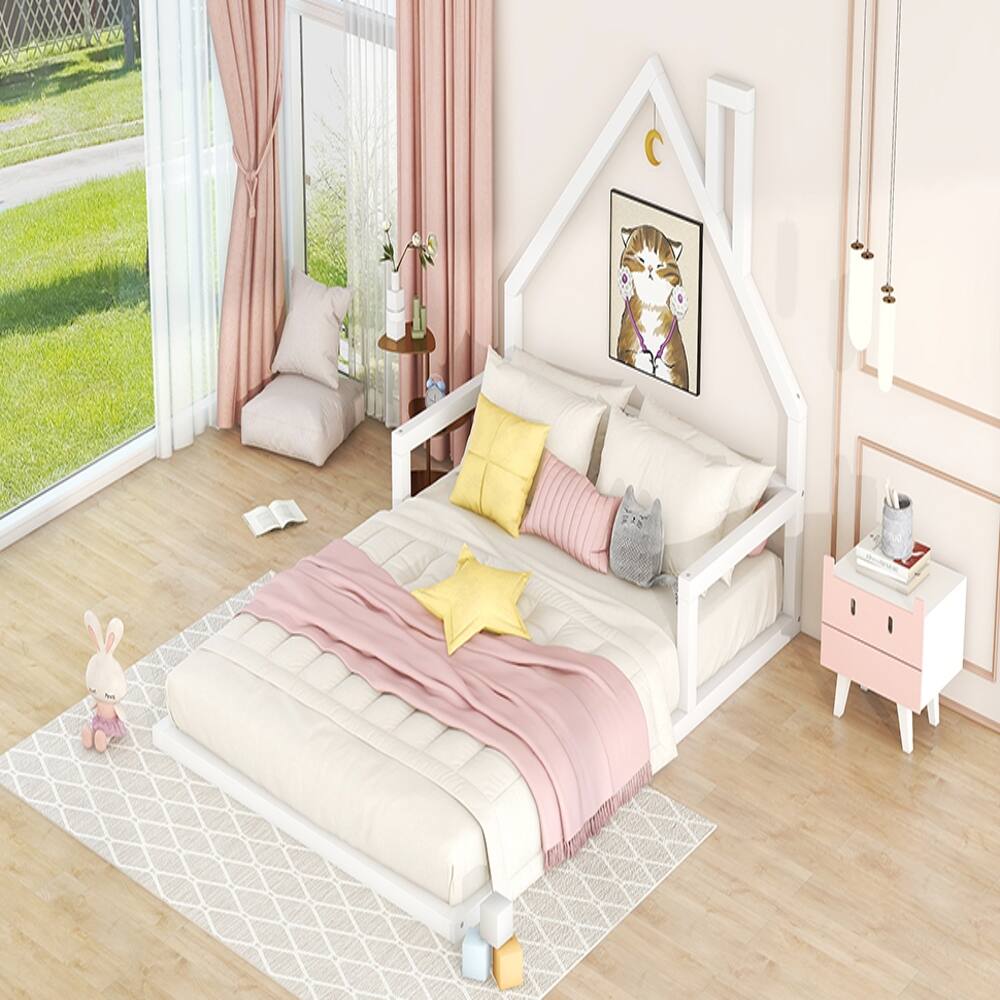 Alt View 1. Loheer - Loheer Full Size House Bed White Wood Floor Bed with House Shaped Headboard Kids House Bed Full Size - White.