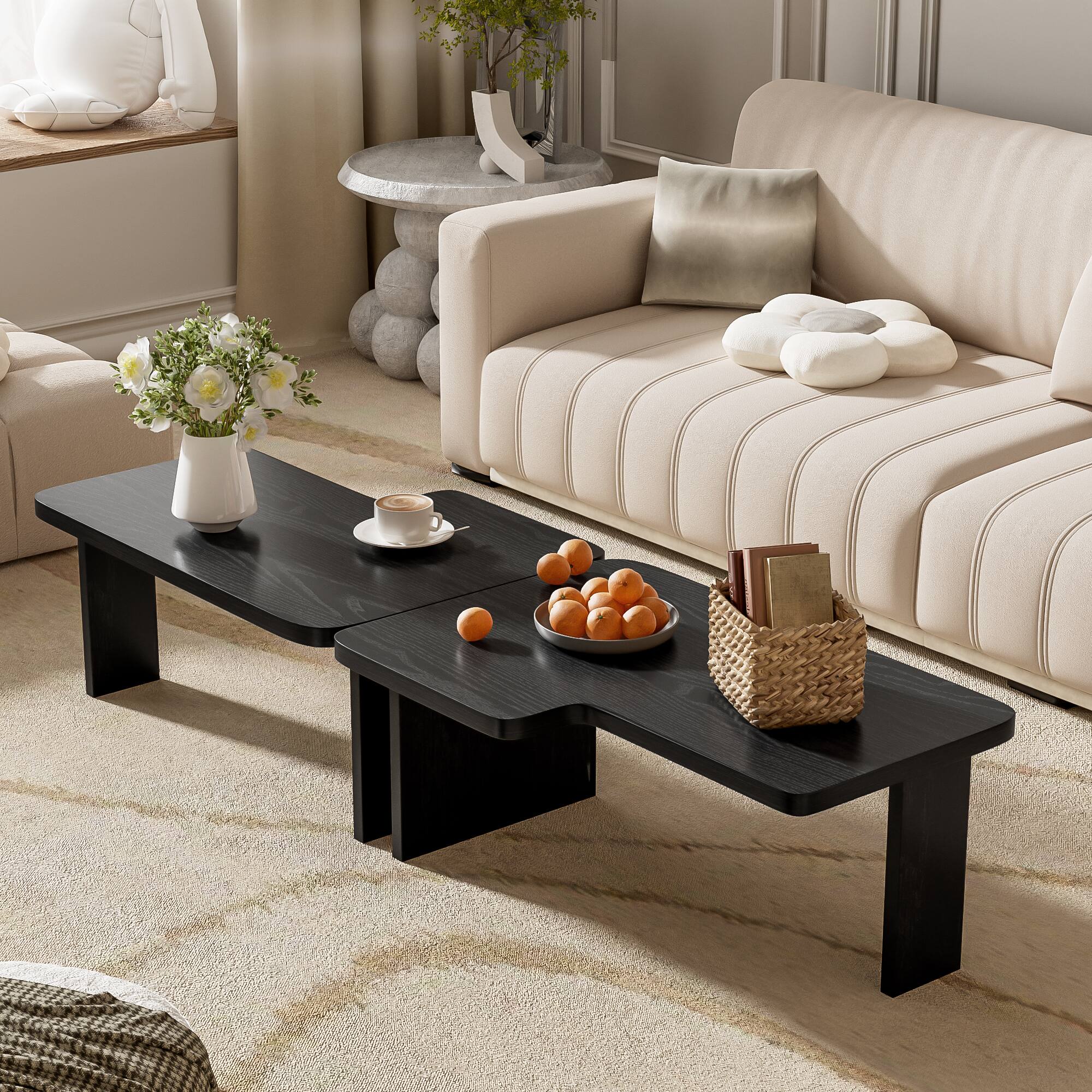 Left. APRILSOUL - Round Wood Coffee Table Living Room Small Space Apartment No Need Assembly - Black.
