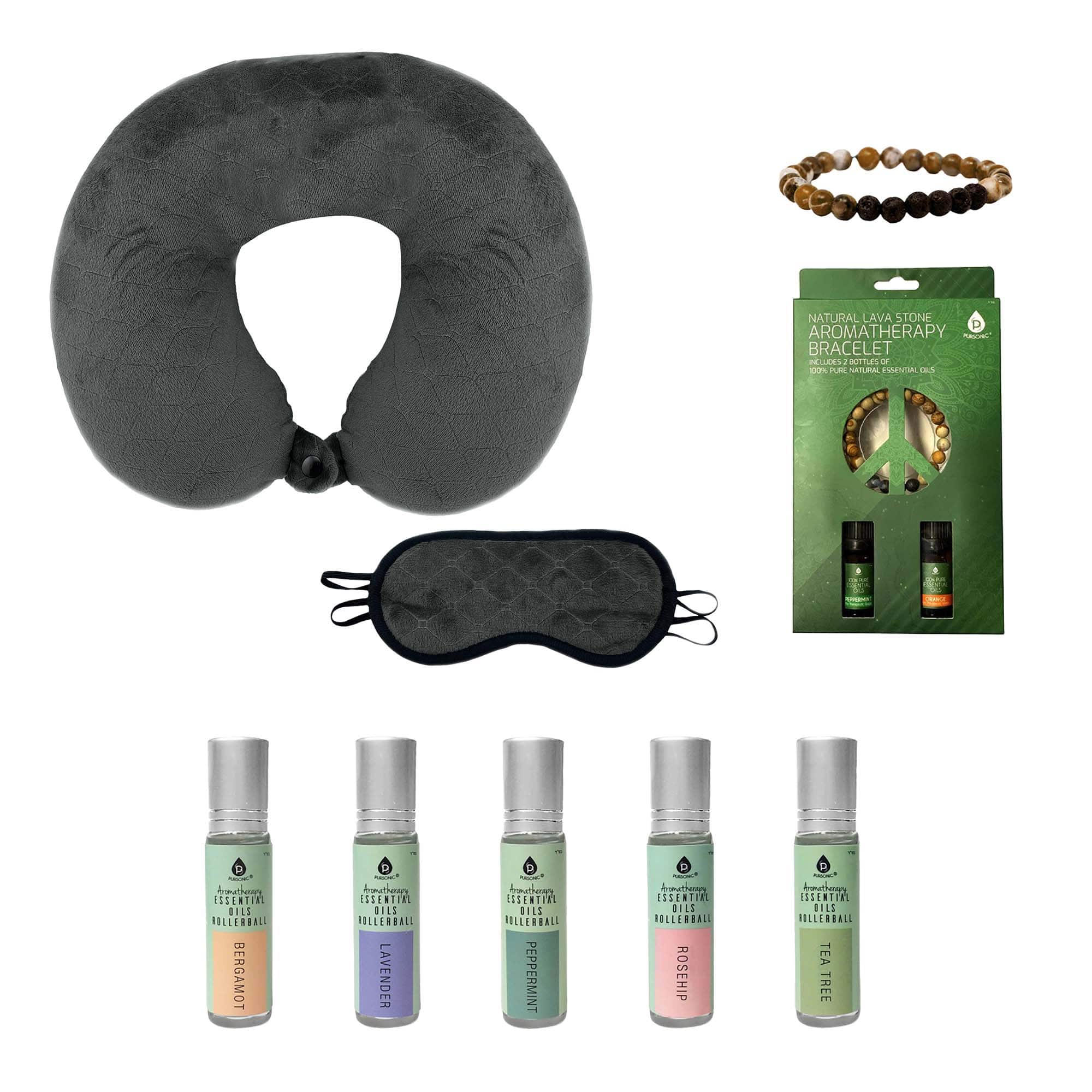 Sleep Serenity Set: Pursonic Aromatherapy Essential Oils Rollerballs, Lava Stone Bracelet, and Memory Foam Travel Pillow - Multicolor