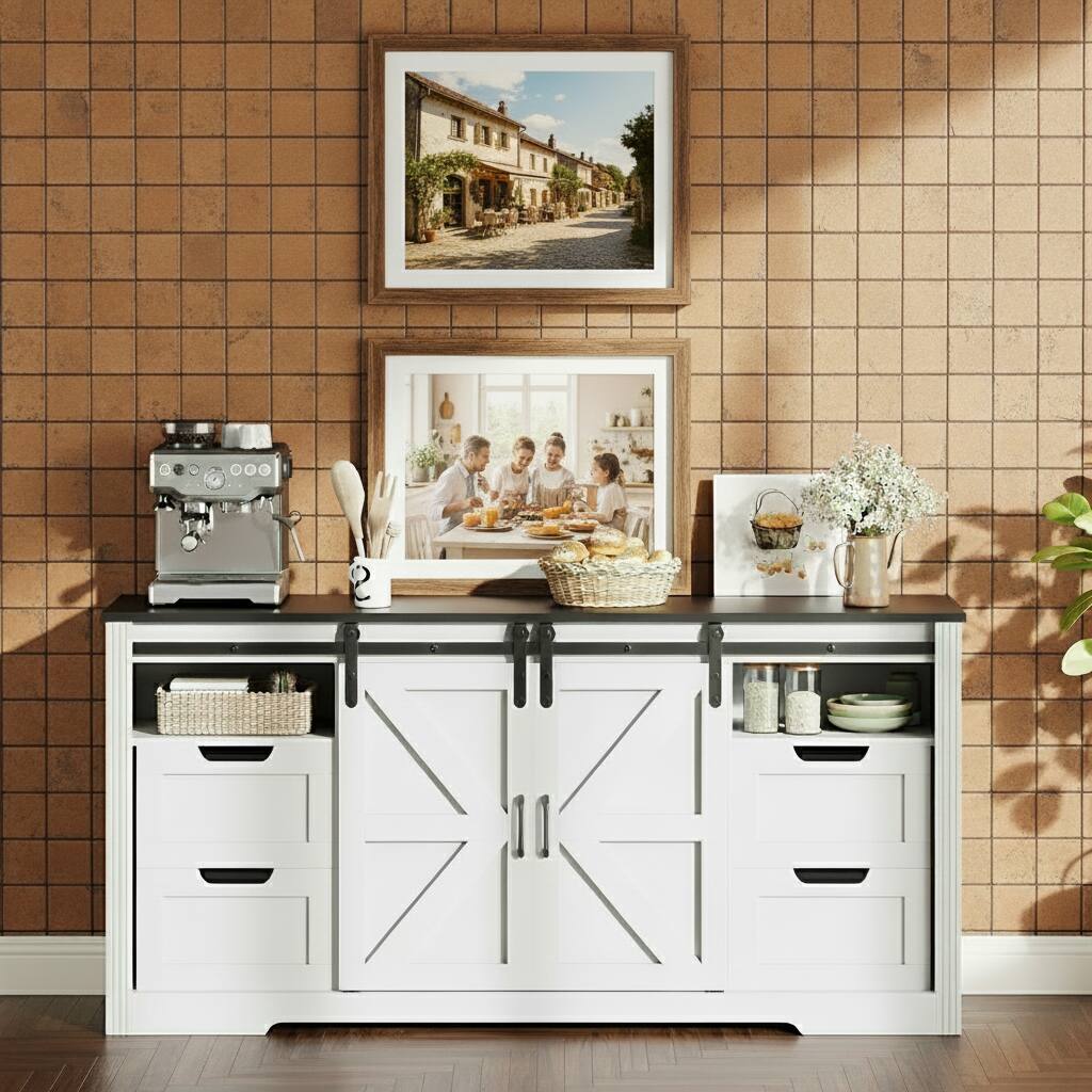 Front. GARVEE - TV Stand, with 4 Drawers and Adjustable Shelf - White.