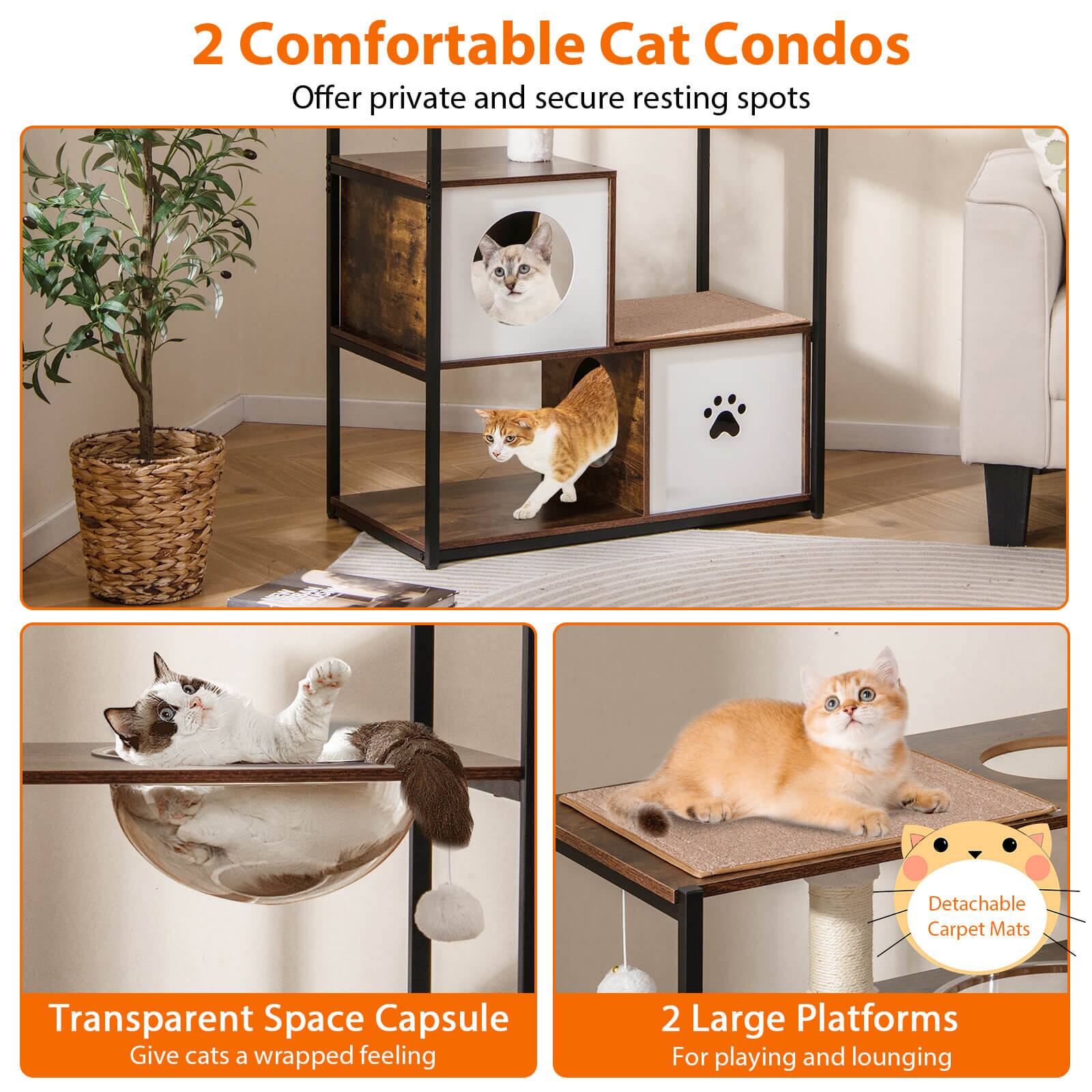2 Comfortable Cat Condos  
Offer private and secure resting spots  

Transparent Space Capsule  
Give cats a wrapped feeling  

2 Large Platforms  
For playing and lounging  

Detachable Carpet Mats