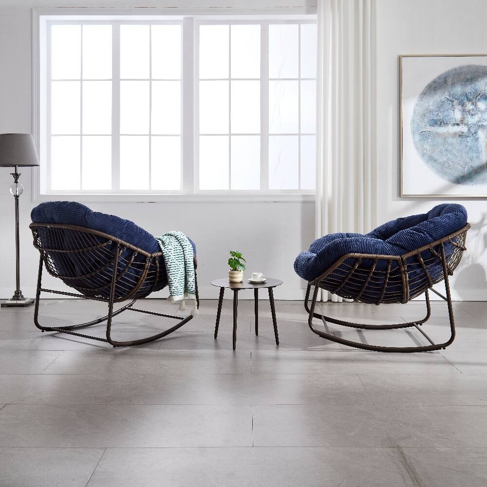 Alt View 3. Loheer - Loheer Outdoor Rattan Rocking Chair Oversized Egg Chair Padded Cushion Navy Blue - Navy Blue.