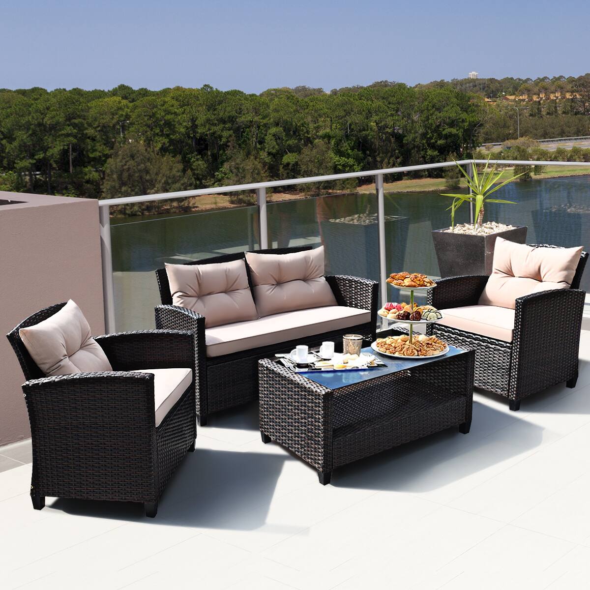 Alt View 2. Gymax - Gymax 4pcs Outdoor Rattan Furniture Set Cushioned Sofa w/Armrest Home - as pic.