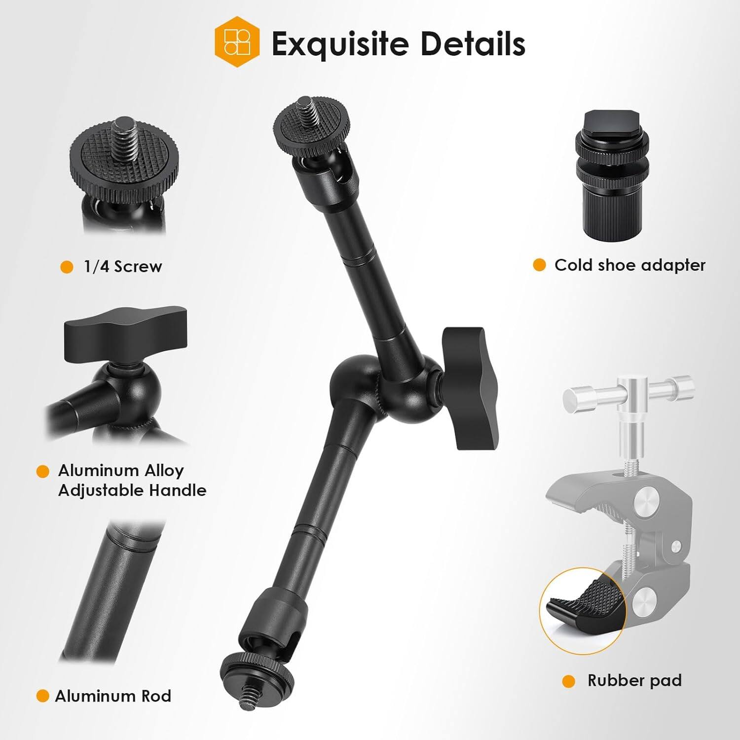Exquisite Details

- 1/4 Screw
- Aluminum Alloy Adjustable Handle
- Aluminum Rod
- Cold shoe adapter
- Rubber pad