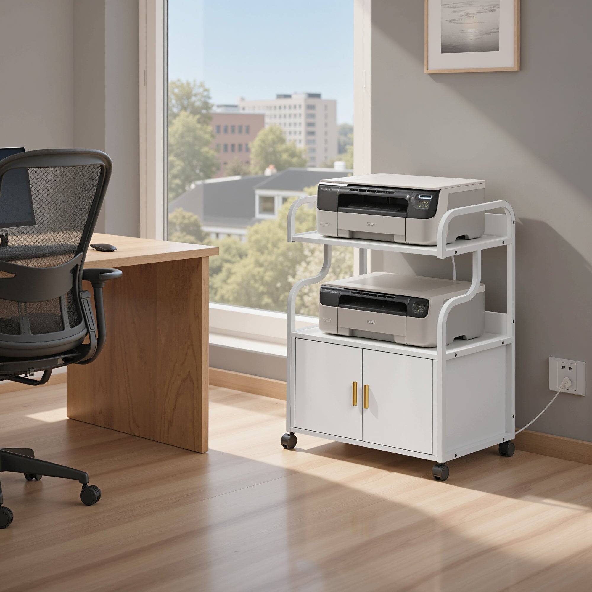 Alt View 1. Vecelo - 3 Tier White Printer Stand with Power Outlet & Door, Rolling Metal Printer Cart with Storage Shelves - White.