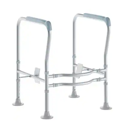 Front. Emma + Oliver - Ramsey Toilet Safety Rail for the Elderly with Height Adjustable Steel Frame, Padded Handles and Suction Cup Feet - Silver/Gray.