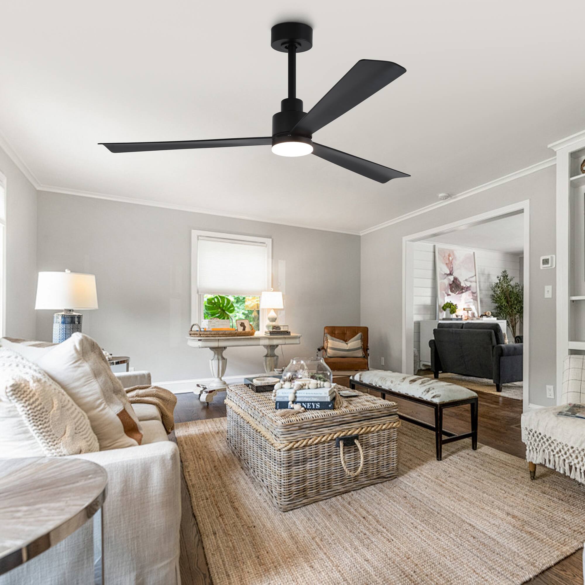 Left. Parrot Uncle - 52-Inch Modern Propeller Ceiling Fan with Dimmable LED Light, 6-Speed DC Motor, Remote Control - Black.