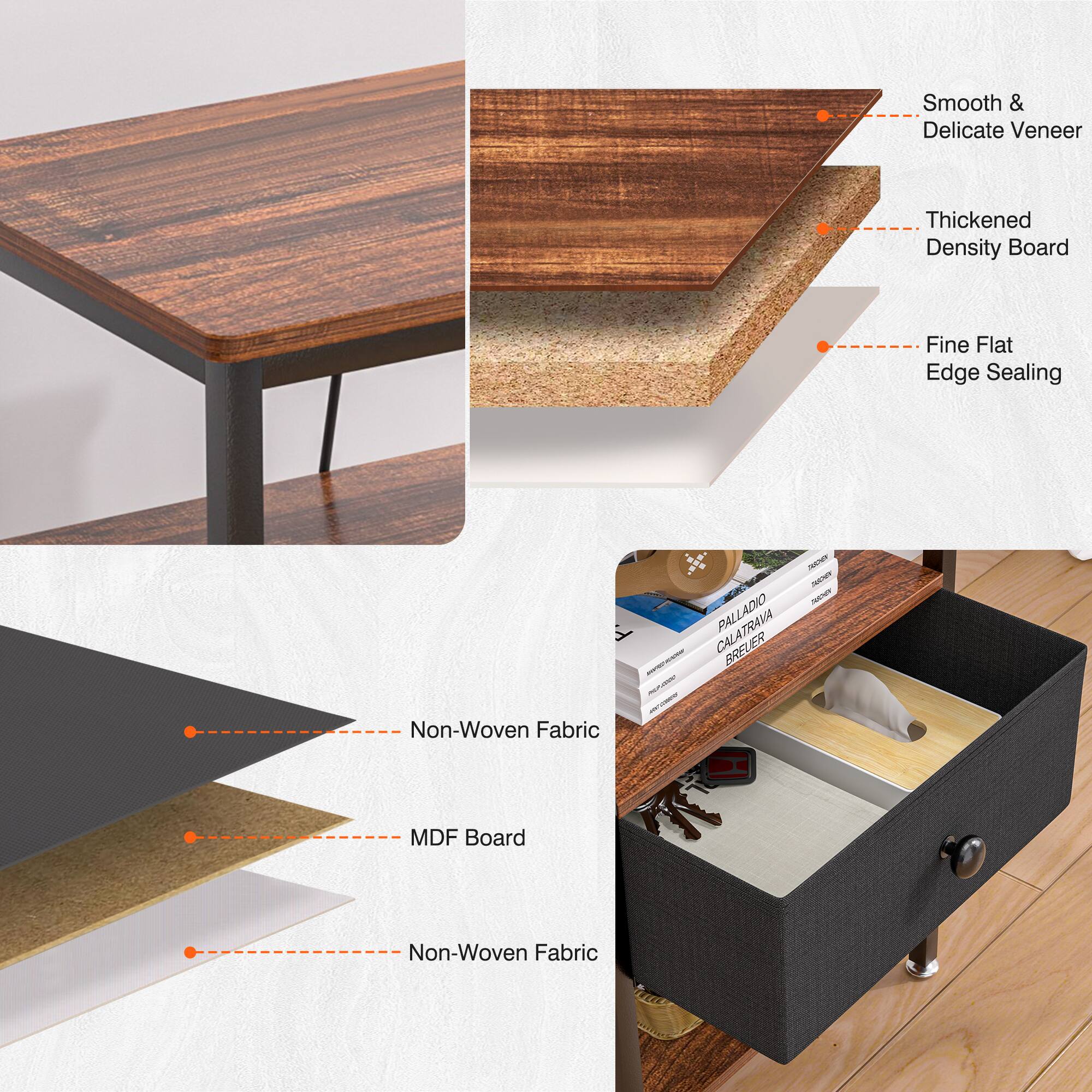 Smooth & Delicate Veneer  
Thickened Density Board  
Fine Flat Edge Sealing  
Non-Woven Fabric  
MDF Board  
Non-Woven Fabric