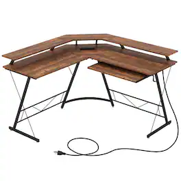 SlickBlue - L-Shaped Desk with Monitor Stand and Power Outlet – Computer Workstation for Office - Rustic Brown