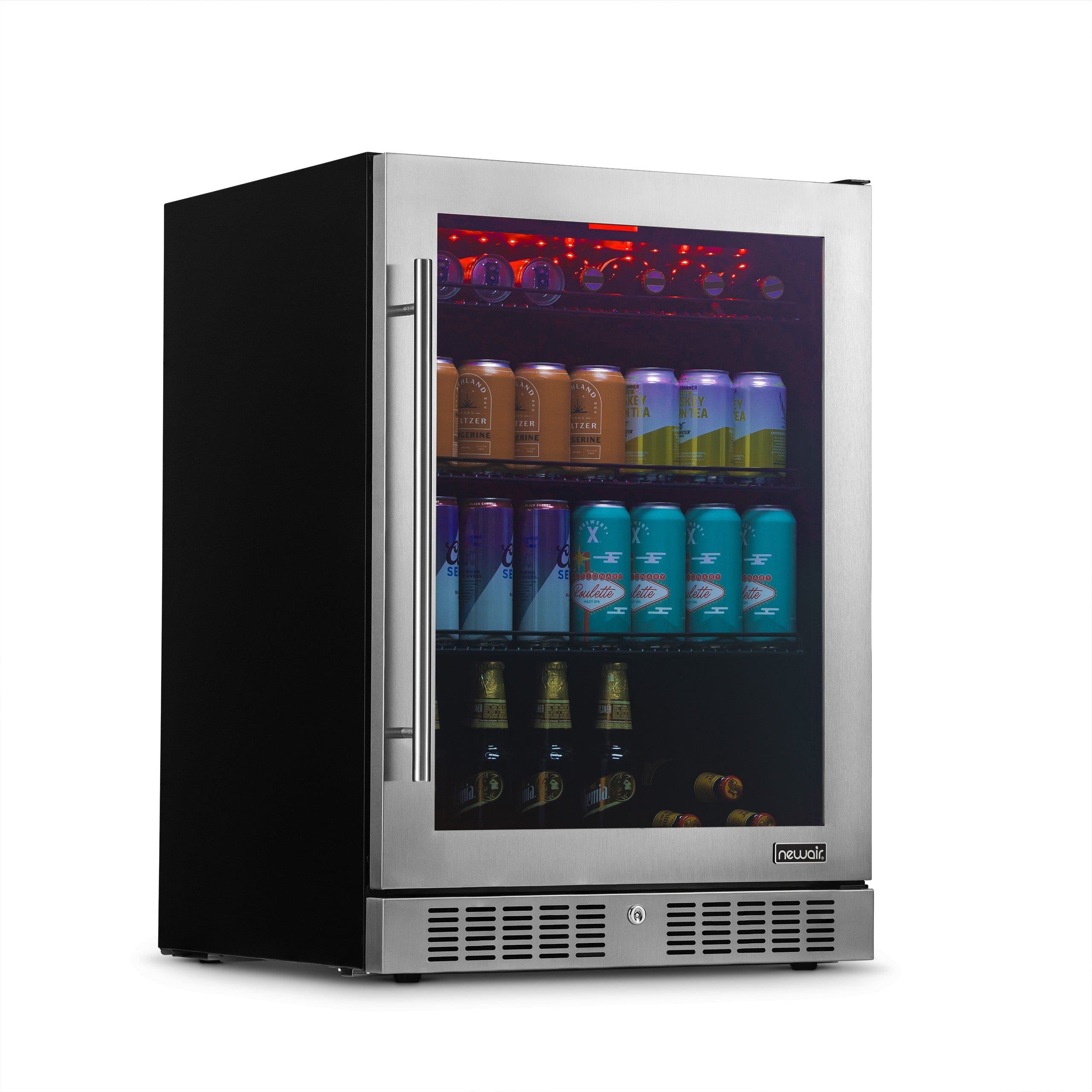 NewAir - 24" 224-Can Built-In Beverage Cooler with Color Changing LED Lights and Adjustable Shelves - Stainless Steel
