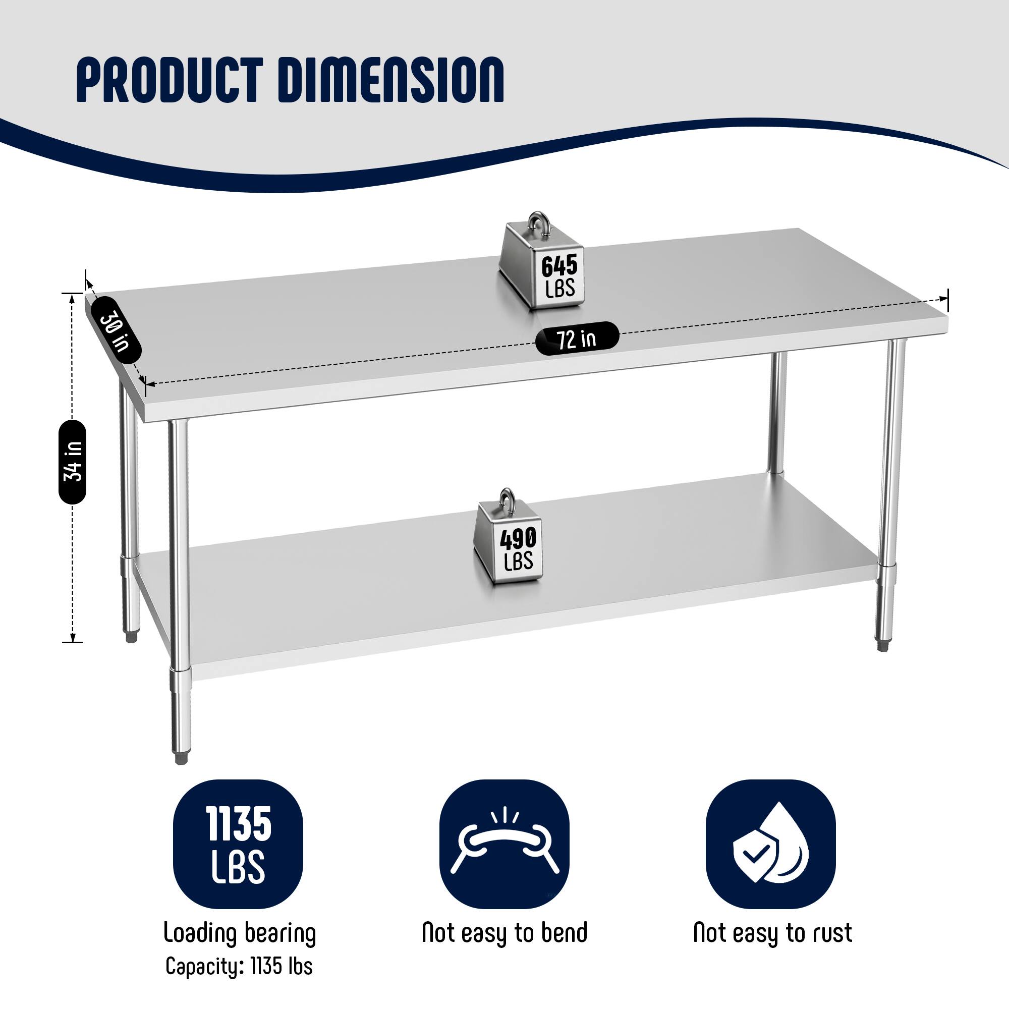 PRODUCT DIMENSION  
30 in x 645 LBS  
72 in x 34 in x 490 LBS  
Loading bearing Capacity: 1135 lbs  
Not easy to bend  
Not easy to rust