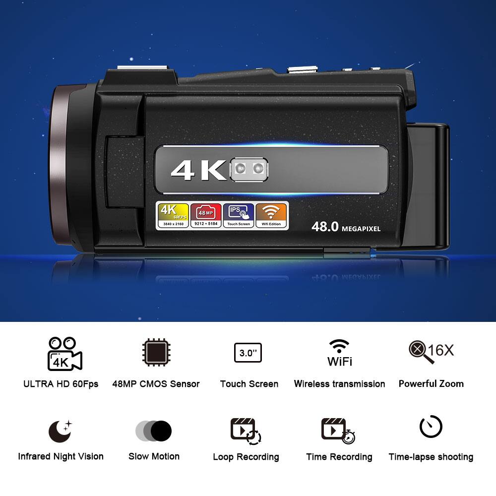 4K 48MP 9212 $184 IPS Screen - Camera 48.0 Megapixel 4K 3.0" WiFi X 16X Ultra HD 60fps 48MP CMOS Sensor Touch Screen Wireless Transmission Powerful Zoom Infrared Night Vision Slow Motion Loop Recording Time-lapse Shooting

- 4K Ultra HD 60fps
- 48MP CMOS Sensor
- 3.0" Touch Screen
- WiFi Wireless Transmission
- 16X Powerful Zoom
- Infrared Night Vision
- Slow Motion
- Loop Recording
- Time Recording
- Time-lapse Shooting