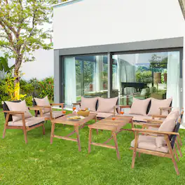 Gymax - 8PCS Outdoor Furniture Set Patio Conversation Set w/ Wood Frame Cushion - Beige