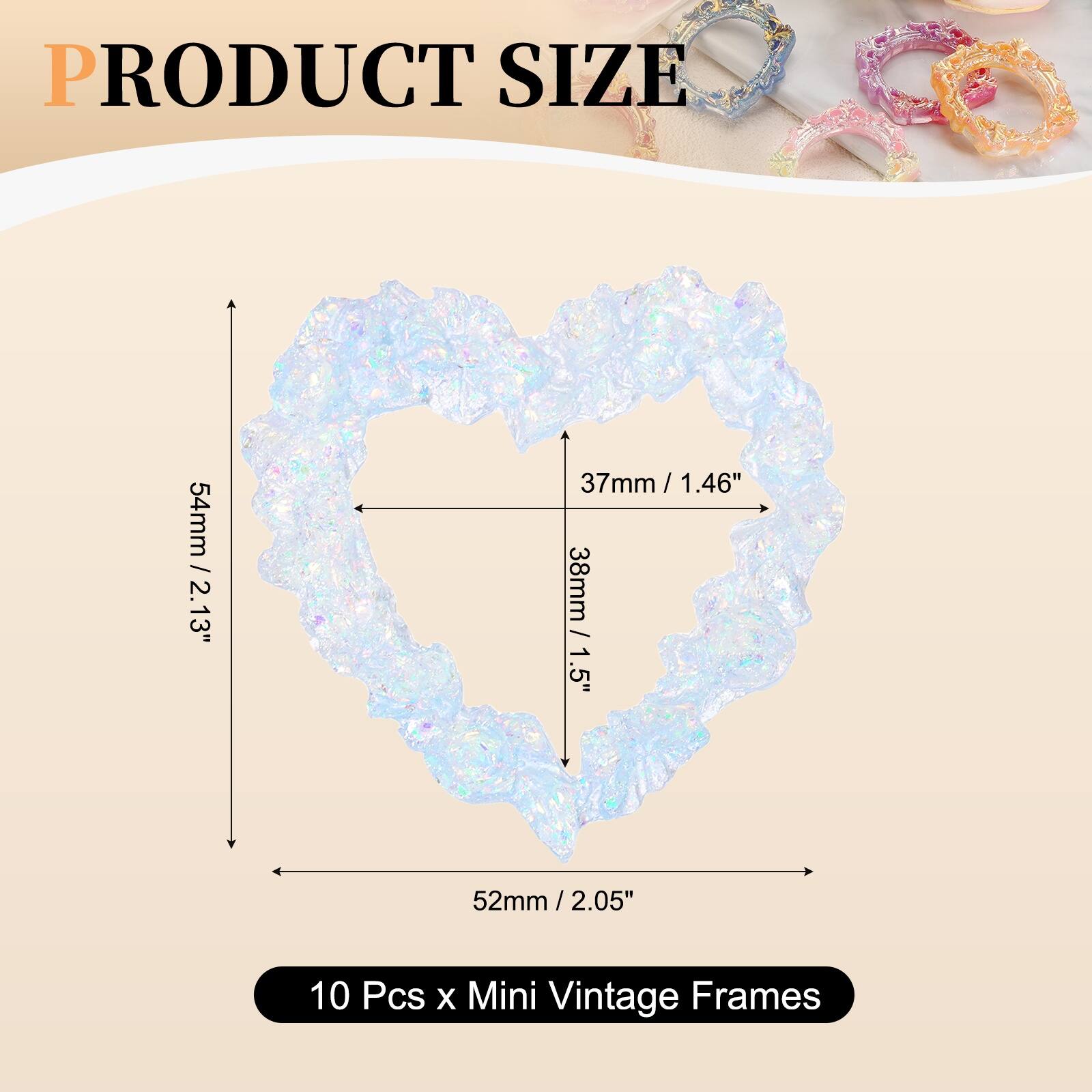 PRODUCT SIZE

54mm / 2.13"  
37mm / 1.46"  
38mm / 1.5"  
52mm / 2.05"  

10 Pcs x Mini Vintage Frames
