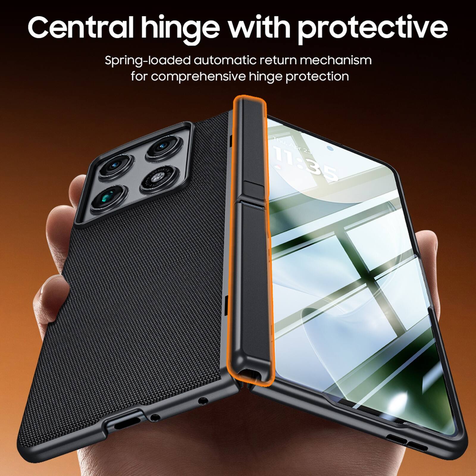 Central hinge with protective Spring-loaded automatic return mechanism for comprehensive hinge protection