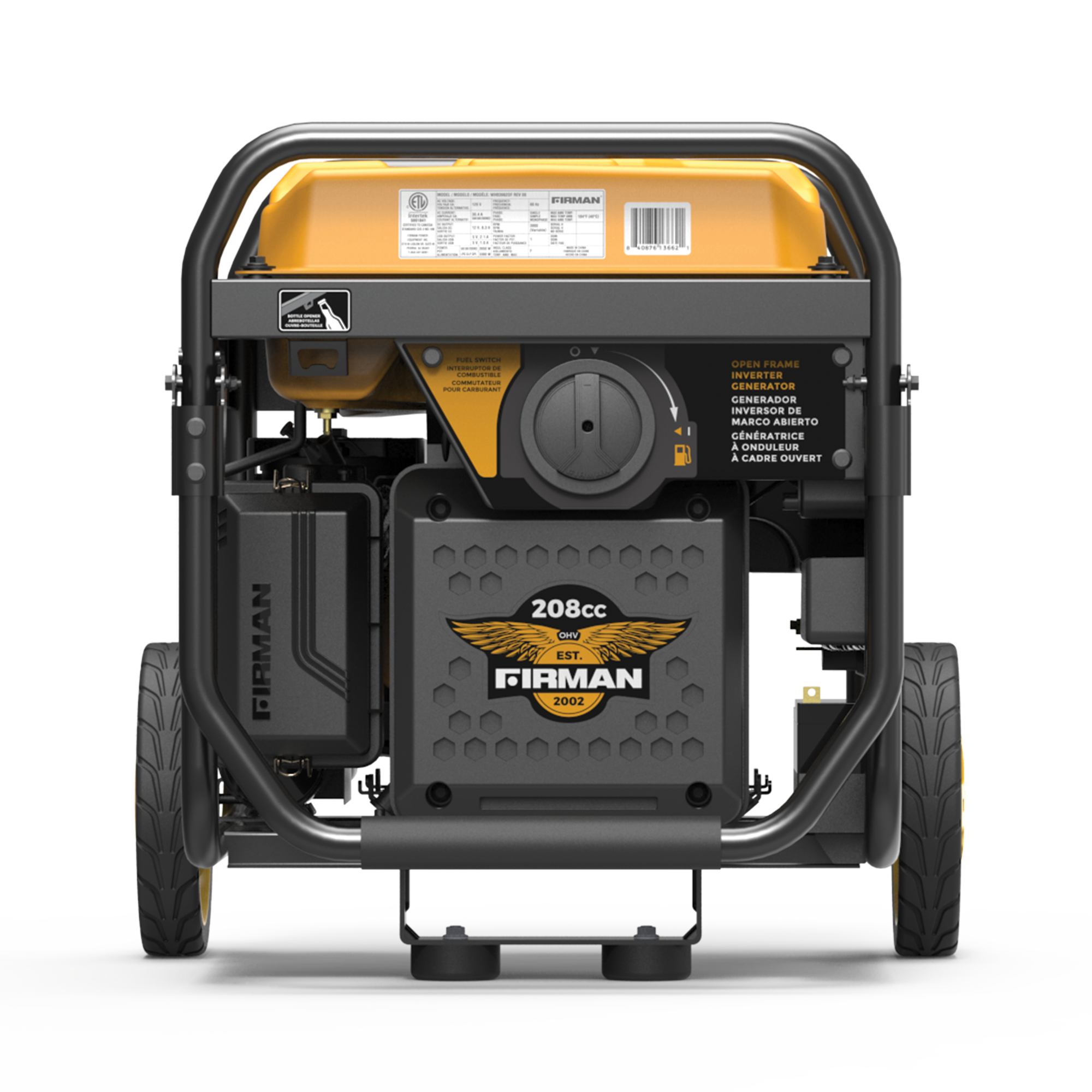 FIRMAN  
208cc  
EST. 2002  

OPEN FRAME GENERATOR  
GENERADOR MARCO ABIERTO  
GENERATRICE A CADRE OUVERT  

FIRMAN