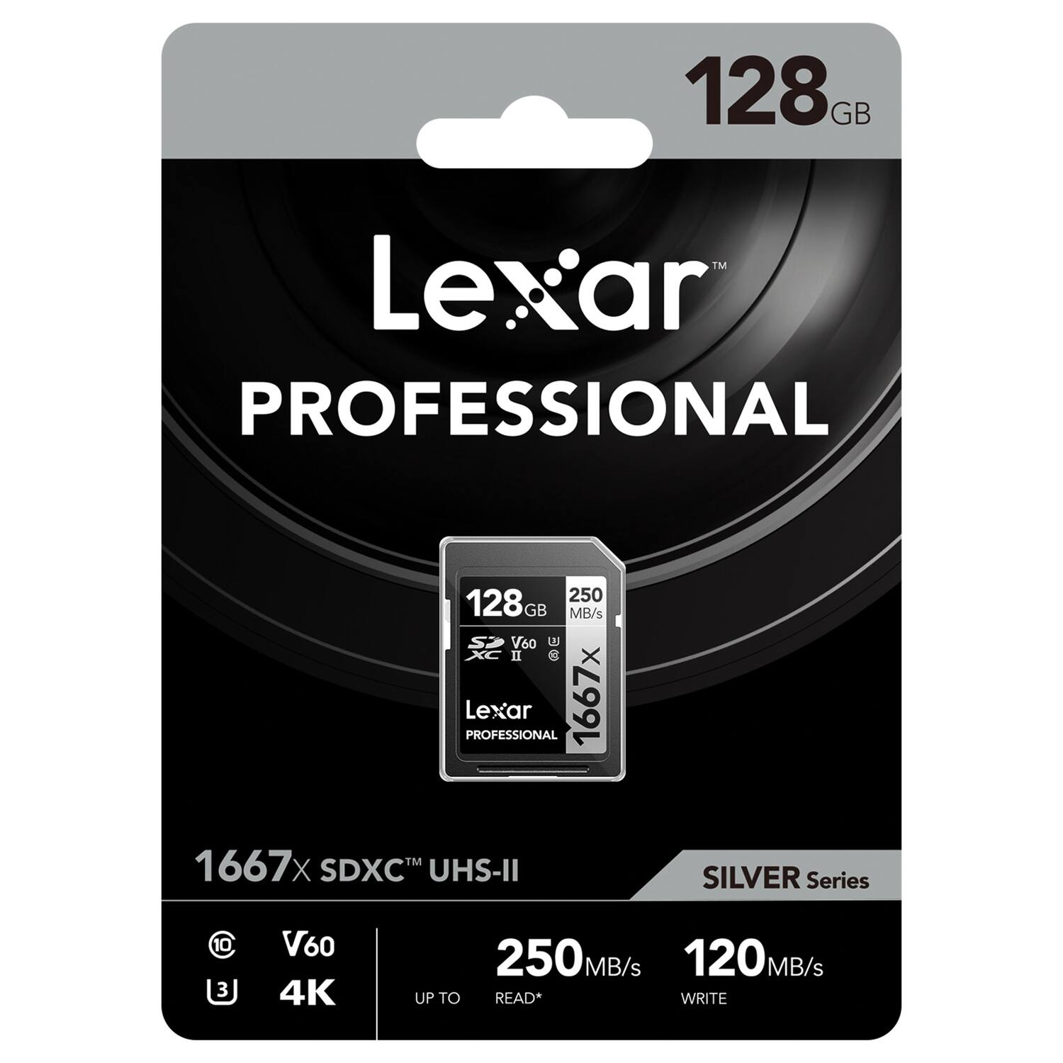 128GB Lexar PROFESSIONAL 1667x SDXC UHS-II SILVER Series  
1667x  
V60  
4K  
UP TO 250 MB/s READ*  
120 MB/s WRITE