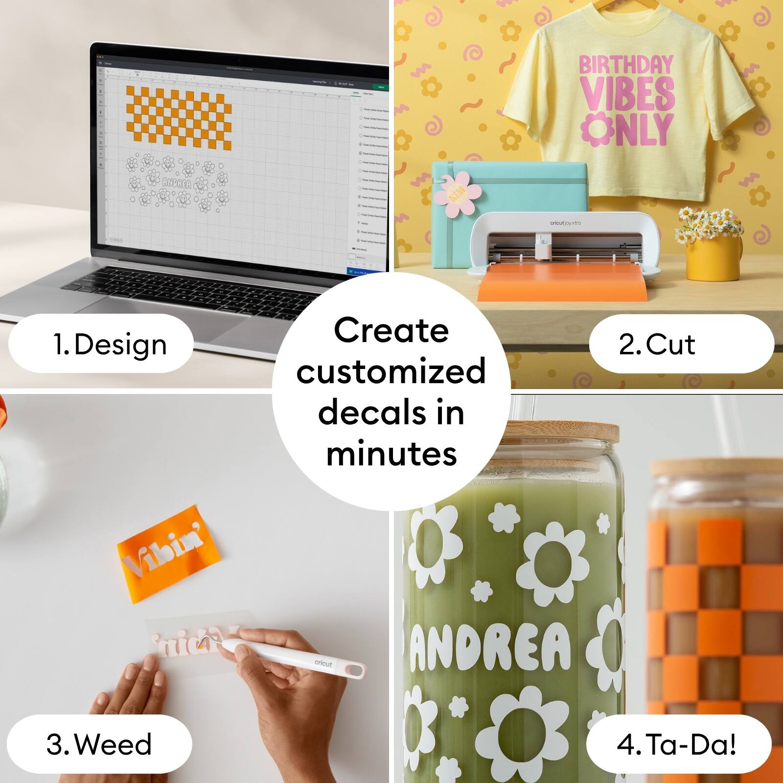 BIRTHDAY VIBES ONLY

1. Design
Create customized decals in minutes

2. Cut

3. Weed

4. Ta-Da!