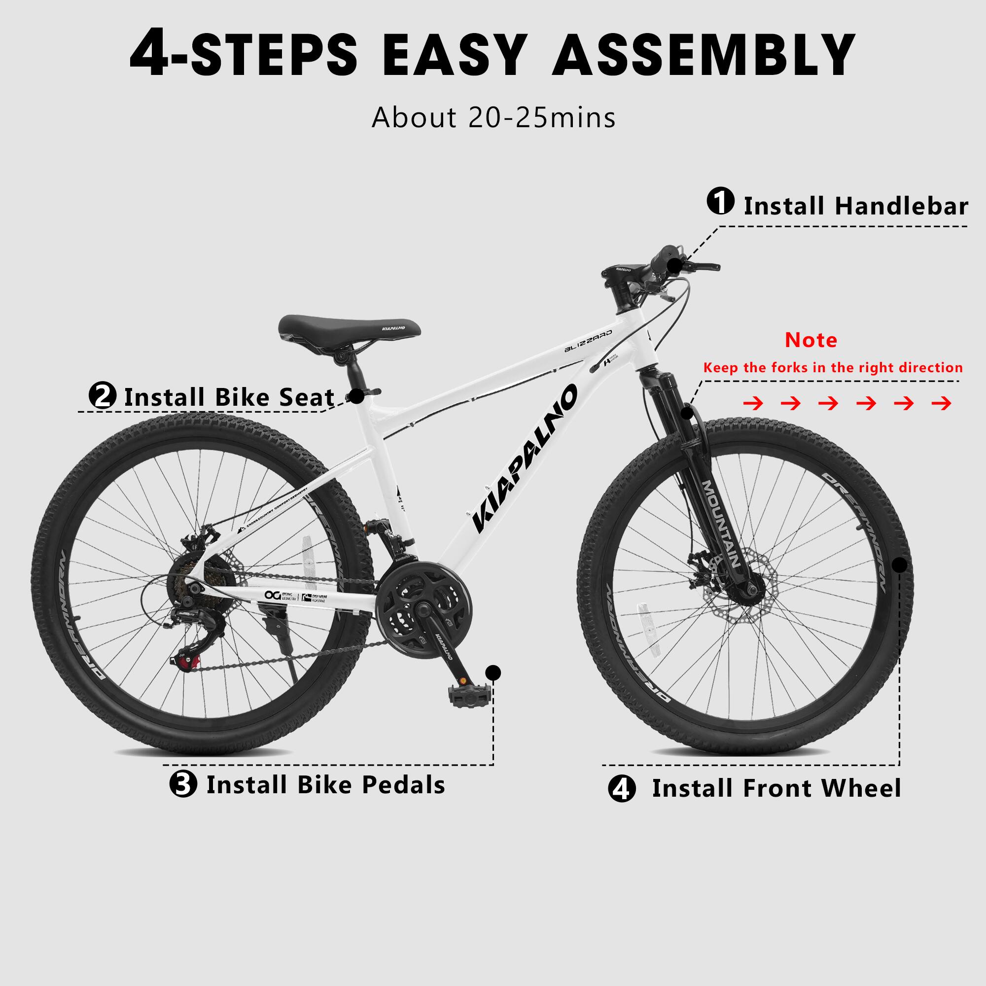 4-STEPS EASY ASSEMBLY  
About 20-25mins  

1. Install Handlebar  
2. Install Bike Seat  
3. Install Bike Pedals  
4. Install Front Wheel  

Note: Keep the forks in the right direction